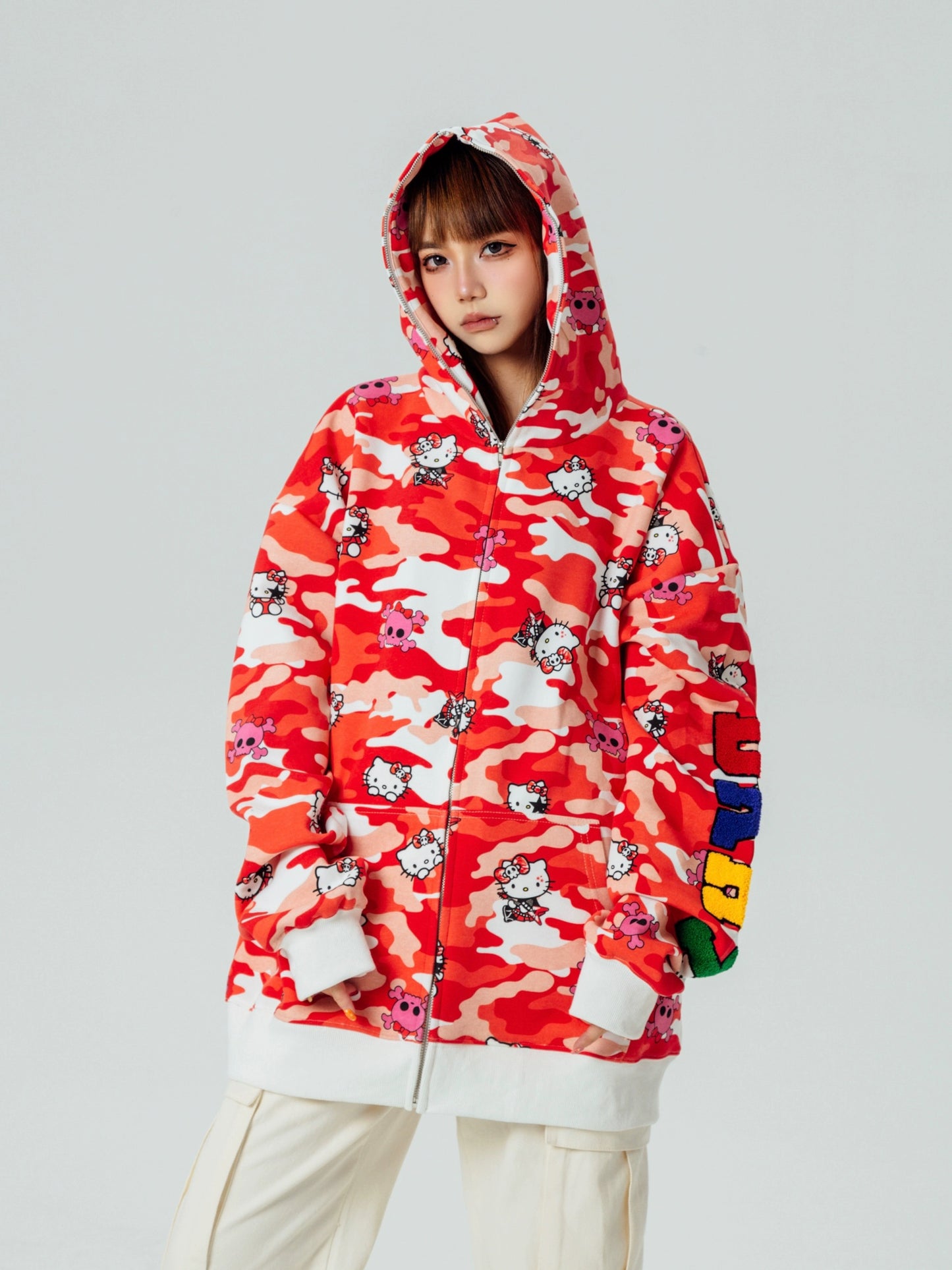 Hellokitty Camouflage Hoodies Fall Jacket Oversized Sweatshirts Casual Drawstring Zip Up Y2K Hoodie with Pocket