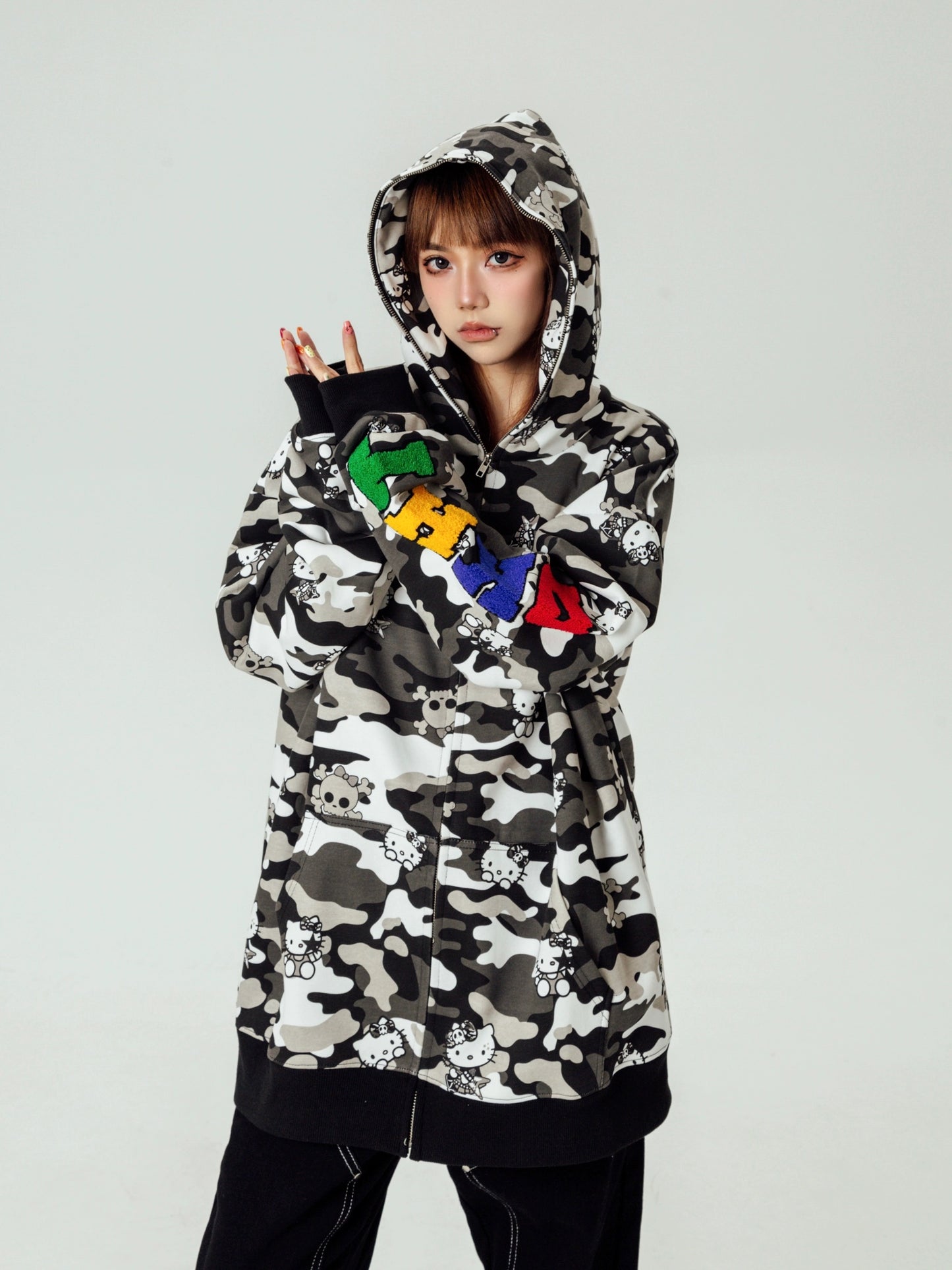 Hellokitty Camouflage Hoodies Fall Jacket Oversized Sweatshirts Casual Drawstring Zip Up Y2K Hoodie with Pocket