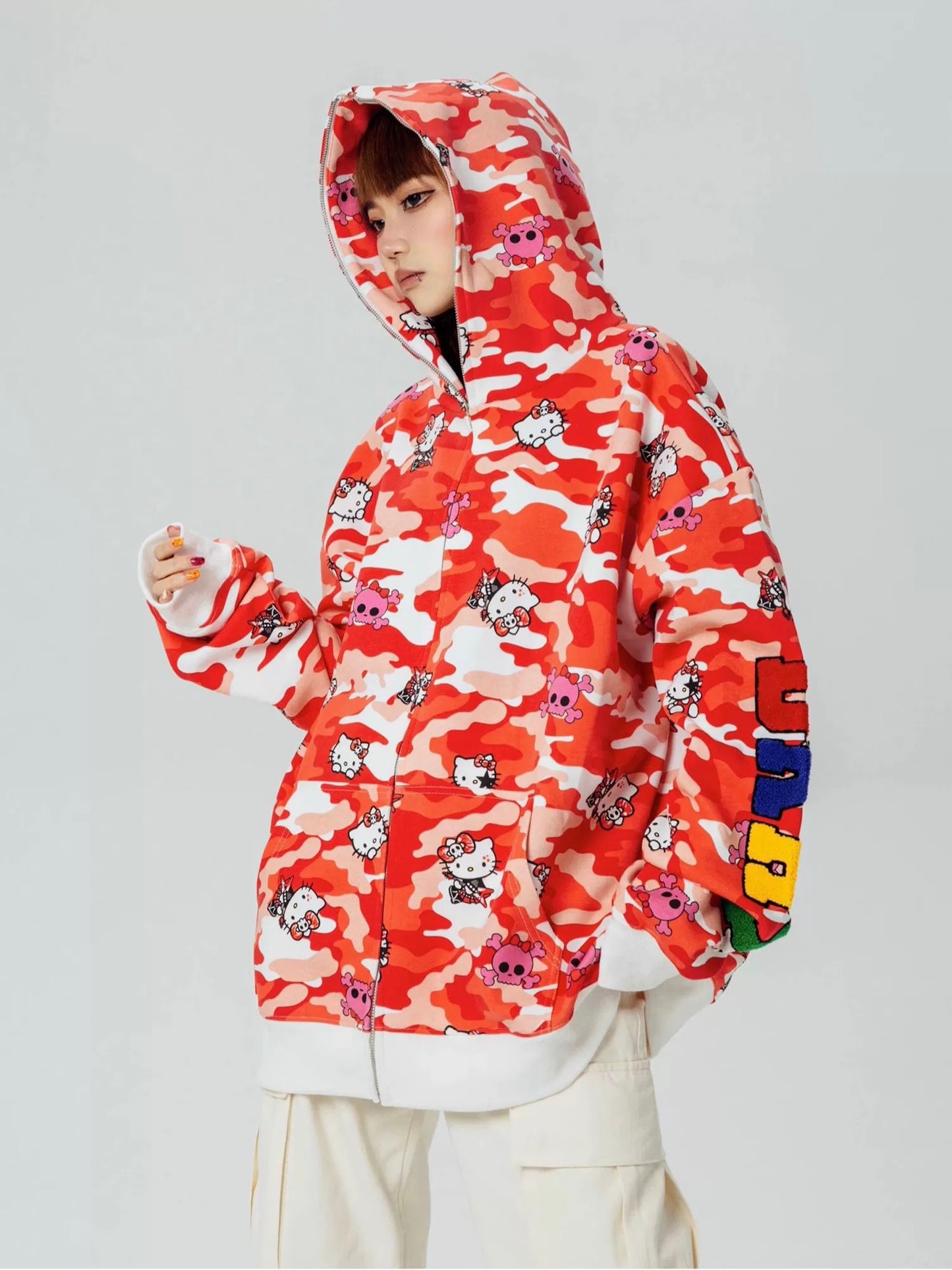 Hellokitty Camouflage Hoodies Fall Jacket Oversized Sweatshirts Casual Drawstring Zip Up Y2K Hoodie with Pocket