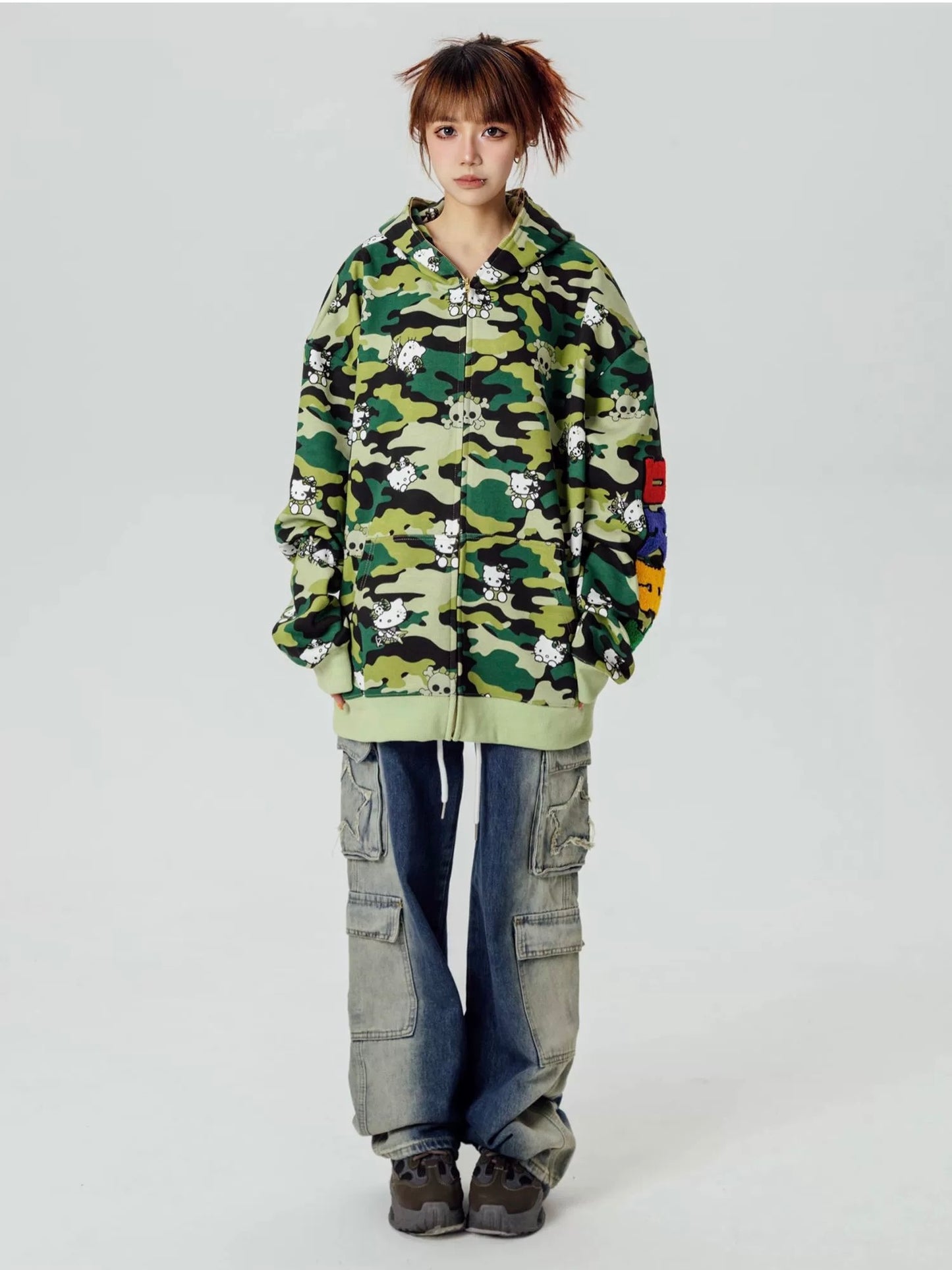 Hellokitty Camouflage Hoodies Fall Jacket Oversized Sweatshirts Casual Drawstring Zip Up Y2K Hoodie with Pocket