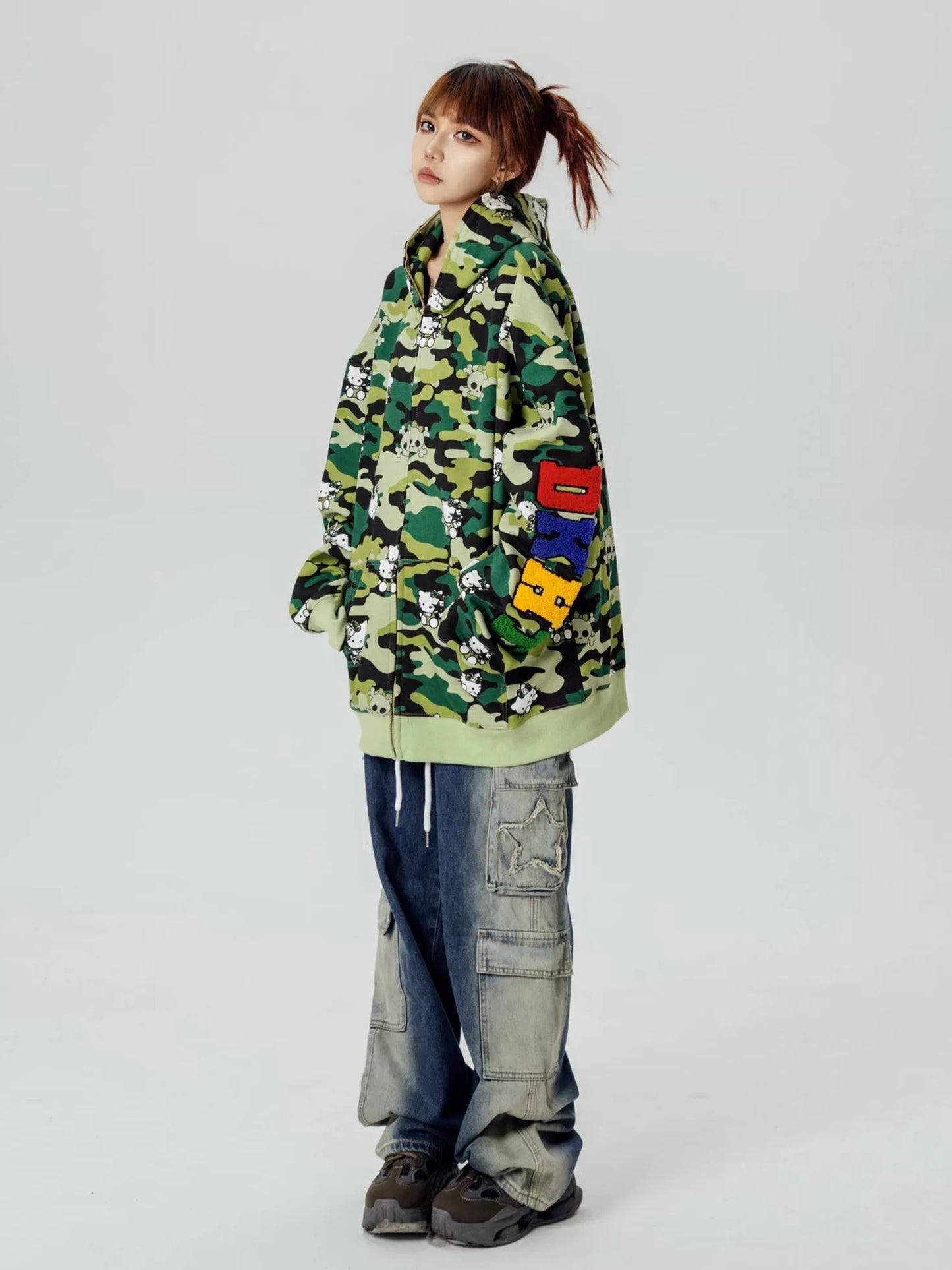 Hellokitty Camouflage Hoodies Fall Jacket Oversized Sweatshirts Casual Drawstring Zip Up Y2K Hoodie with Pocket