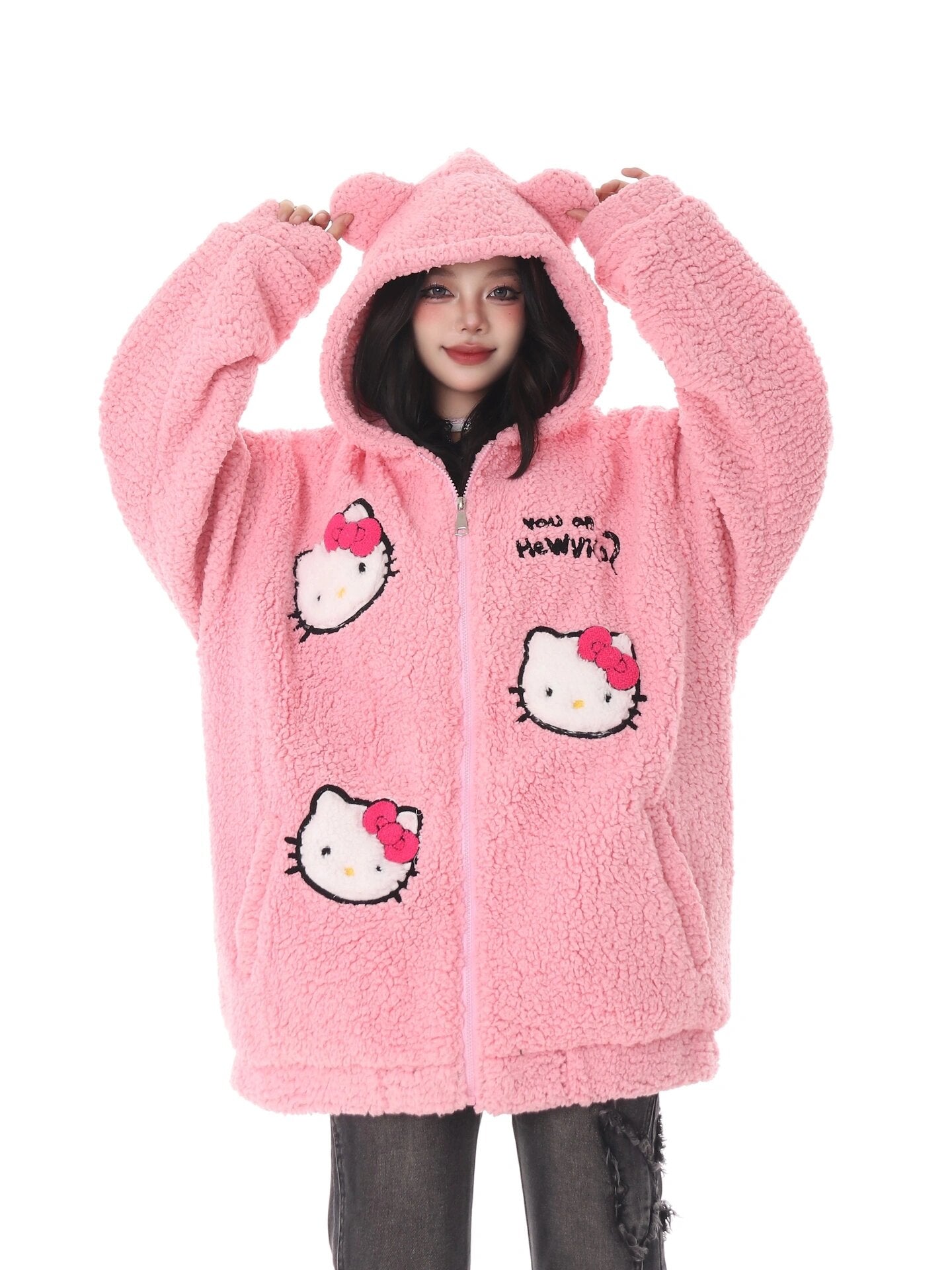 Hellokitty Teddy Jackets Fall Fashion Womens Teddy Coats Fleece Button Down Hooded Tops Warm Winter Outerwear with Pockets