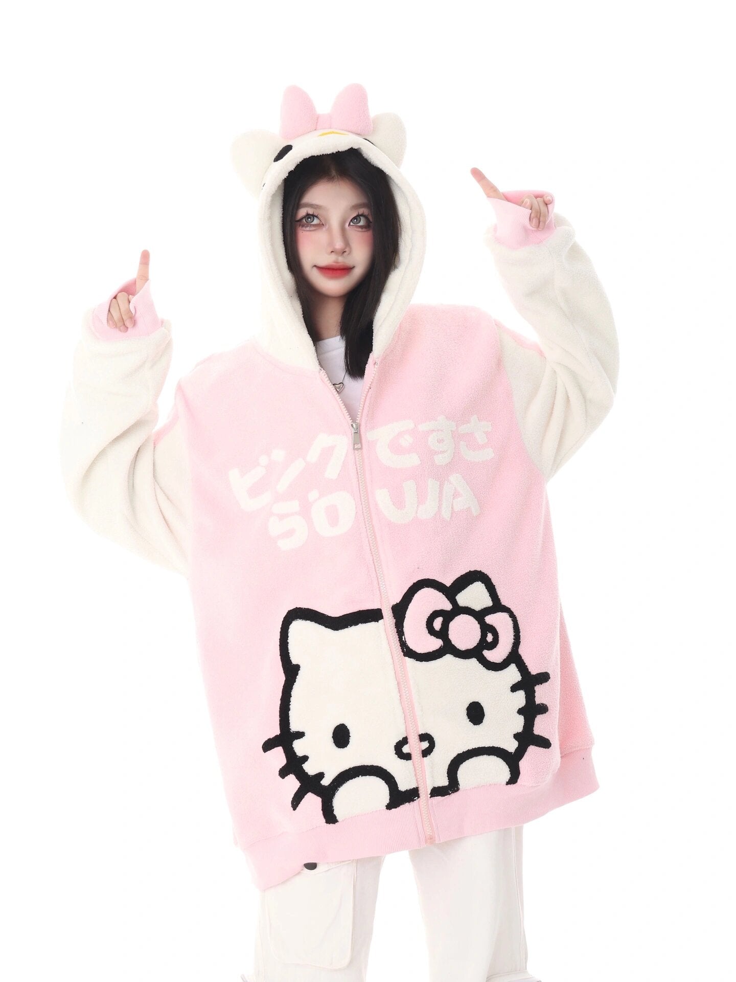 Hellokitty Teddy Jackets Fall Fashion Womens Teddy Coats Fleece Button Down Hooded Tops Warm Winter Outerwear with Pockets