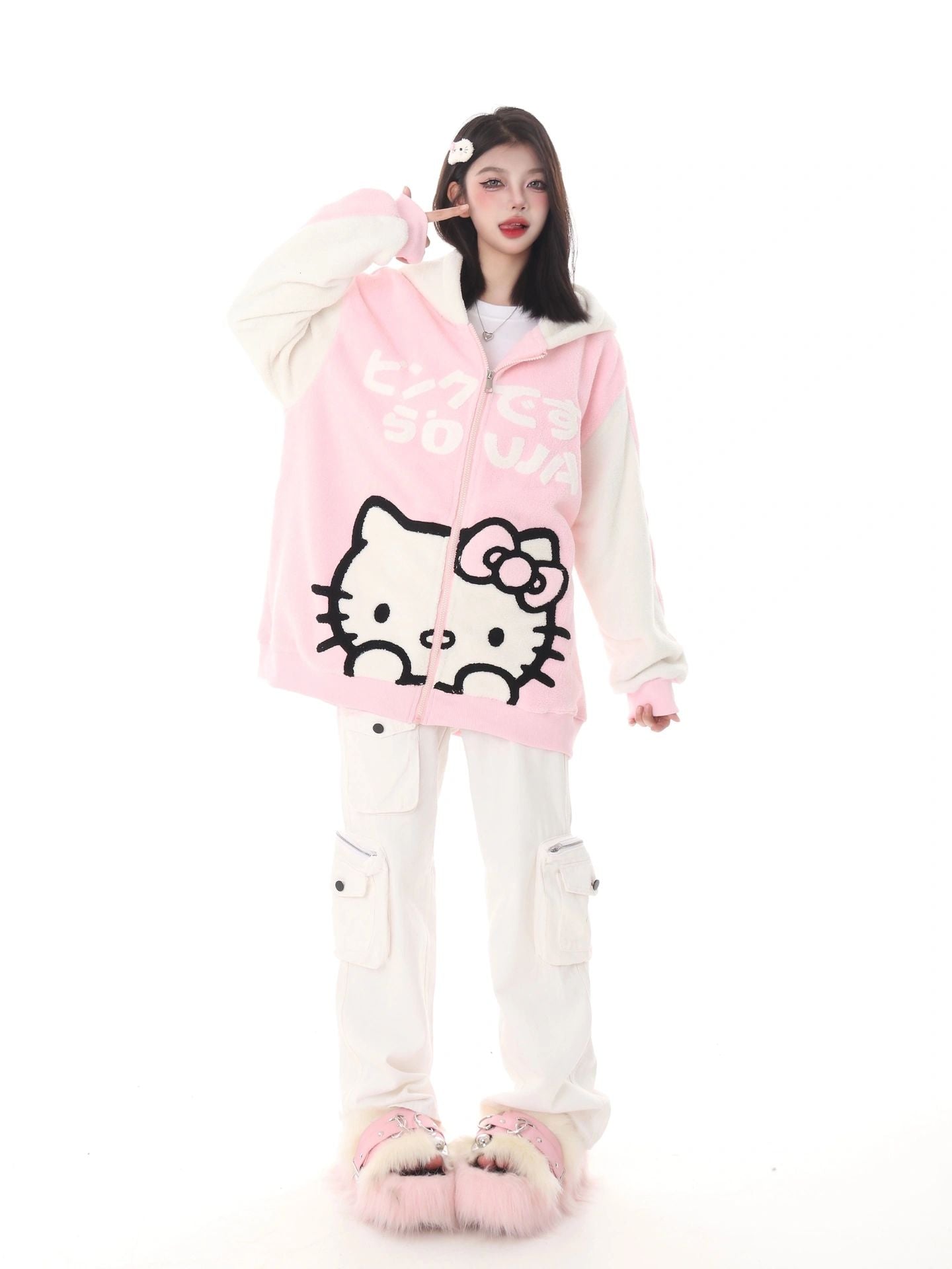Hellokitty Teddy Jackets Fall Fashion Womens Teddy Coats Fleece Button Down Hooded Tops Warm Winter Outerwear with Pockets