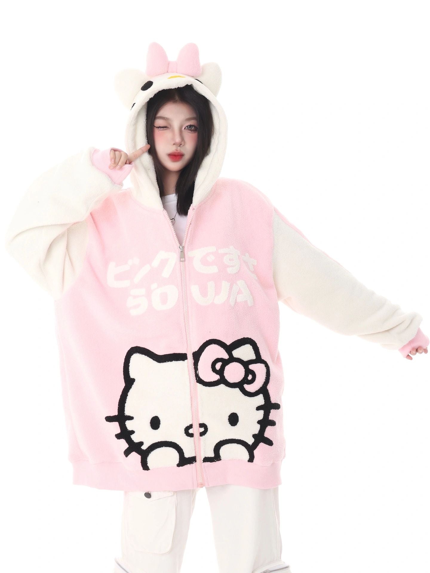 Hellokitty Teddy Jackets Fall Fashion Womens Teddy Coats Fleece Button Down Hooded Tops Warm Winter Outerwear with Pockets