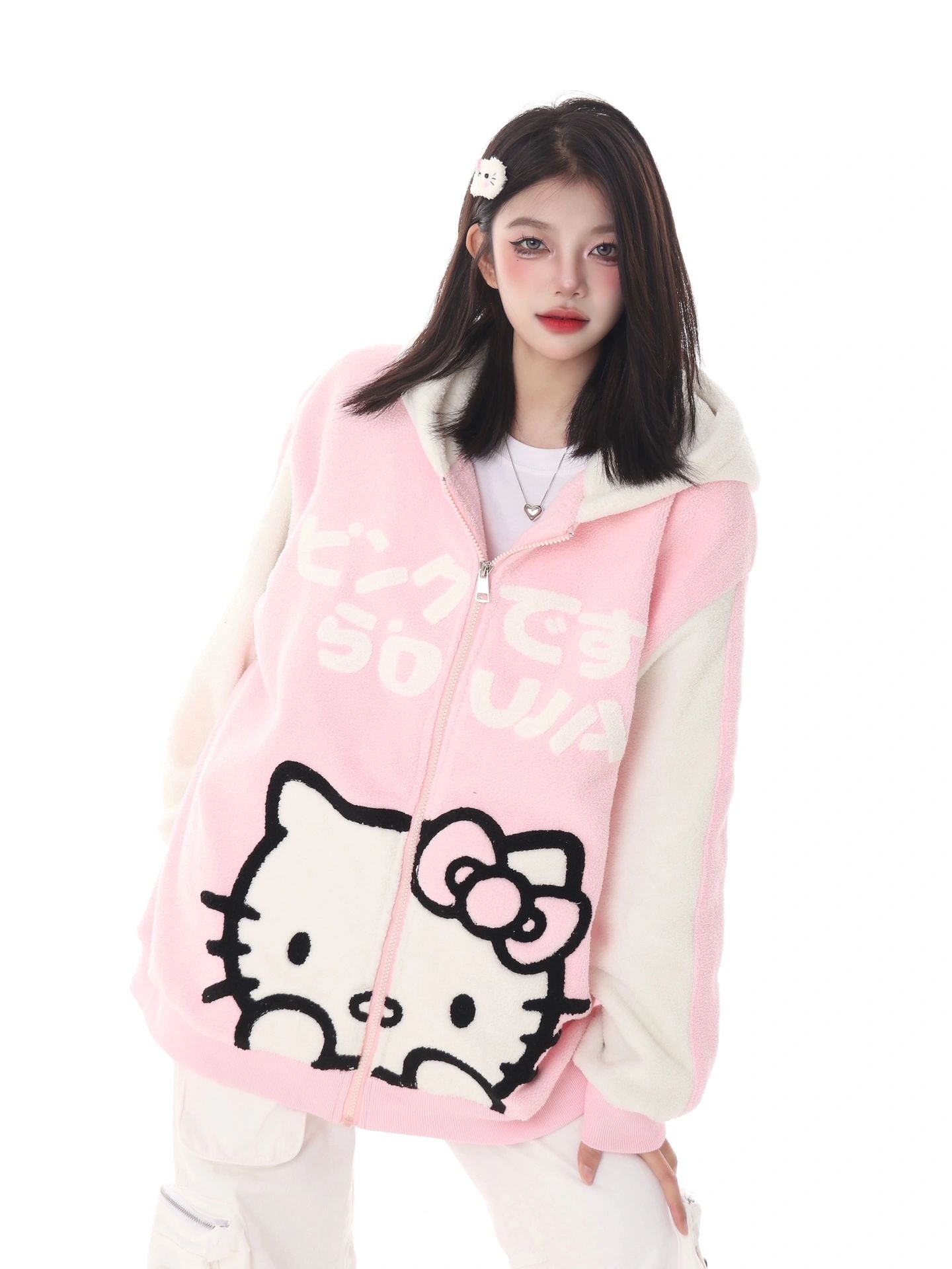 Hellokitty Teddy Jackets Fall Fashion Womens Teddy Coats Fleece Button Down Hooded Tops Warm Winter Outerwear with Pockets