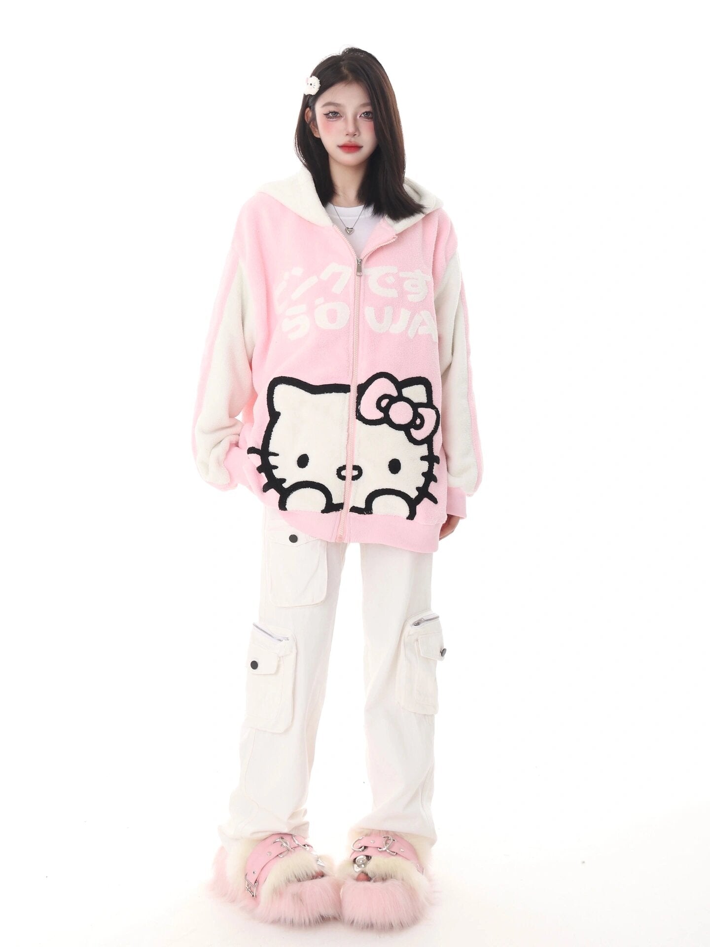 Hellokitty Teddy Jackets Fall Fashion Womens Teddy Coats Fleece Button Down Hooded Tops Warm Winter Outerwear with Pockets