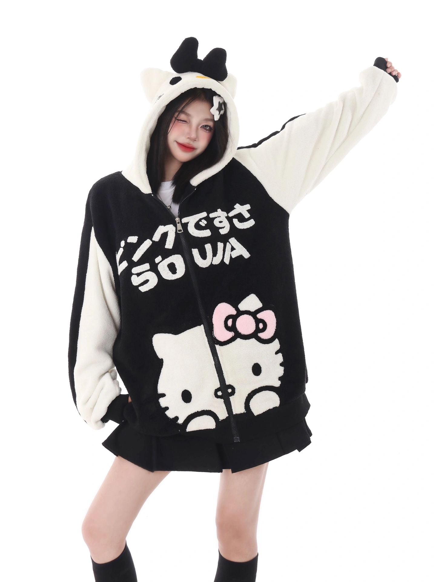 Hellokitty Teddy Jackets Fall Fashion Womens Teddy Coats Fleece Button Down Hooded Tops Warm Winter Outerwear with Pockets