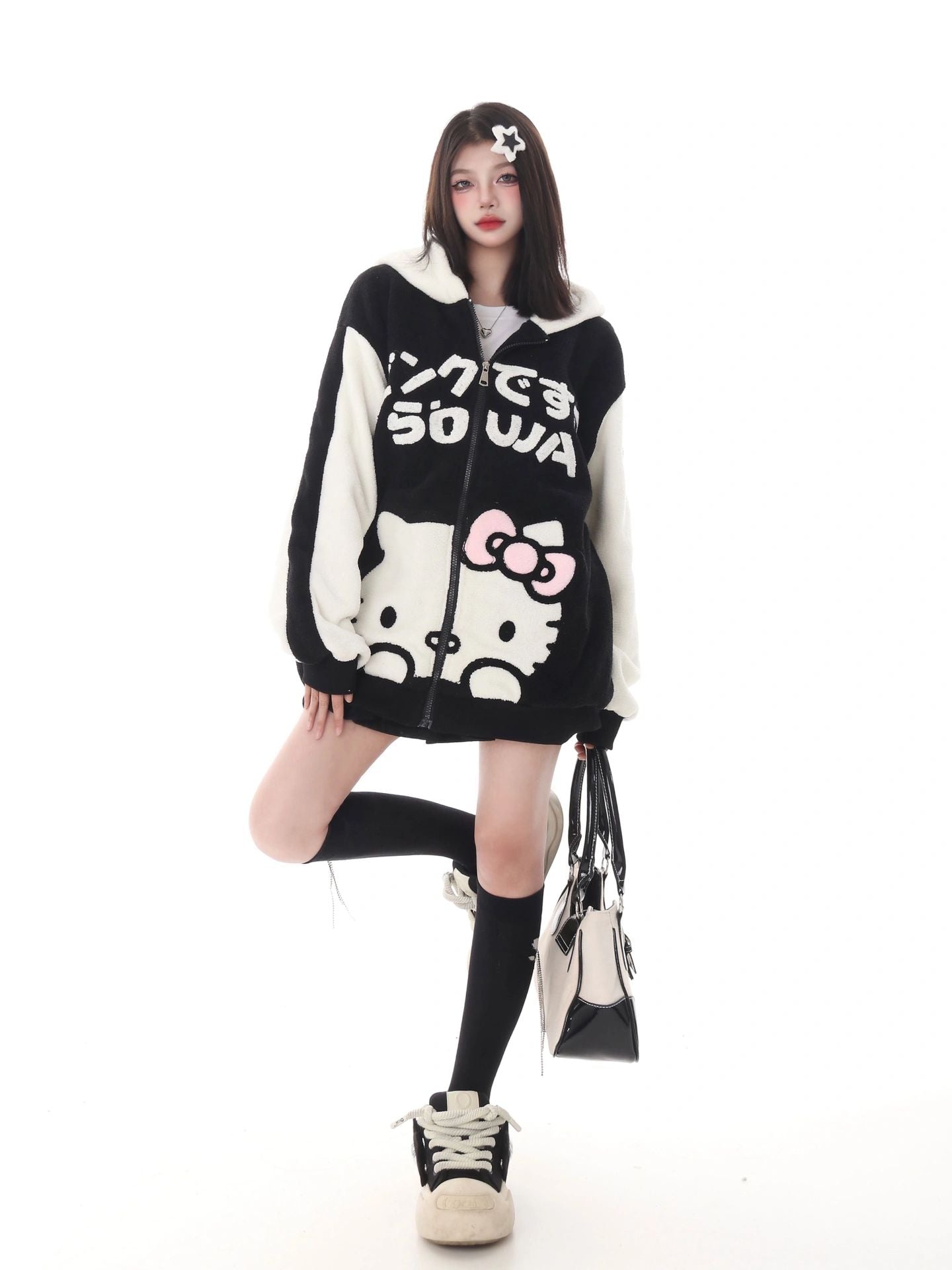 Hellokitty Teddy Jackets Fall Fashion Womens Teddy Coats Fleece Button Down Hooded Tops Warm Winter Outerwear with Pockets