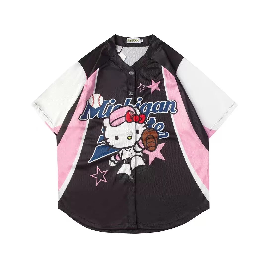 Hellokitty Cute Baseball Jersey Baseball Shirts Sports Uniform Summer Loose Short Sleeve Tops T-Shirts