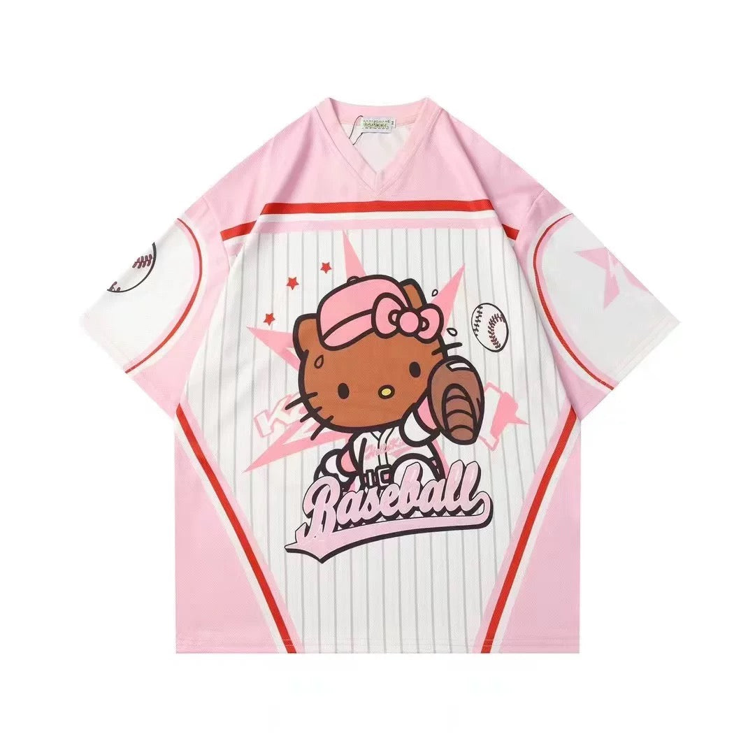 Hellokitty Cute Baseball Jersey Baseball Shirts Sports Uniform Summer Loose Short Sleeve Tops T-Shirts