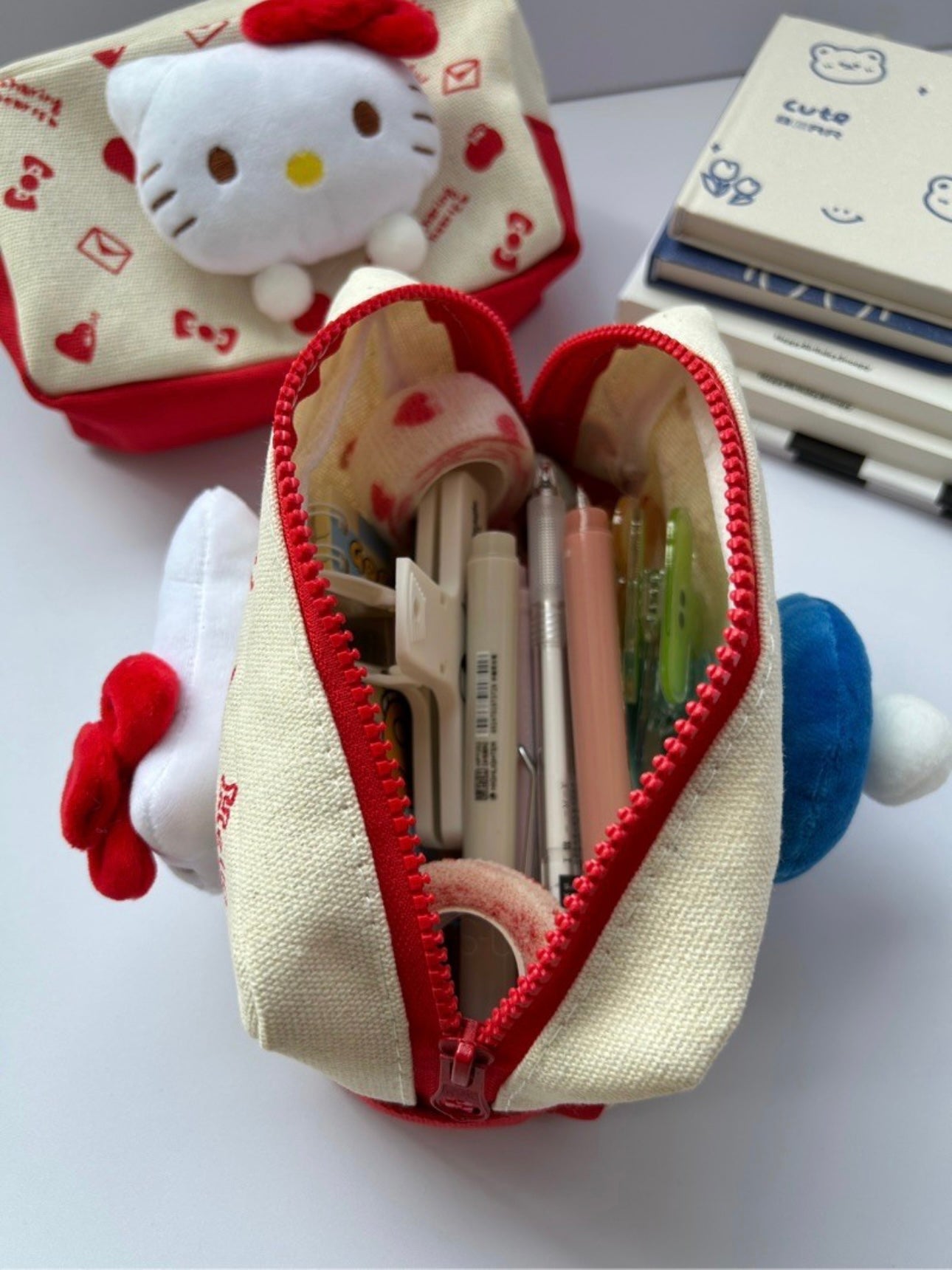 Hellokitty Fuzzy Makeup Pouch Cute Cosmetic Bag Aesthetic Pencil Case for Women Travel Toiletry Bag Brushes Storage Bag Zipper Pouches for Organizing