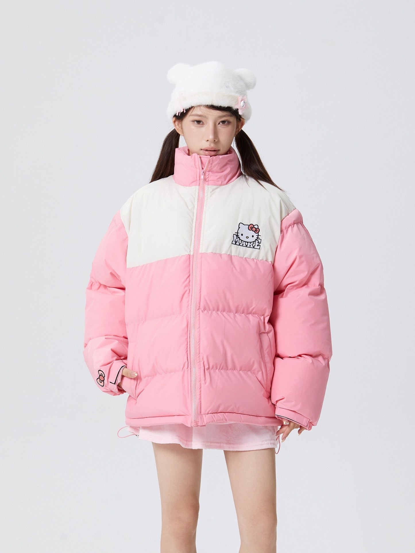 Hellokitty Winter Long Sleeve Zip Puffer Jacket Pockets Baggy Short Down Coats
