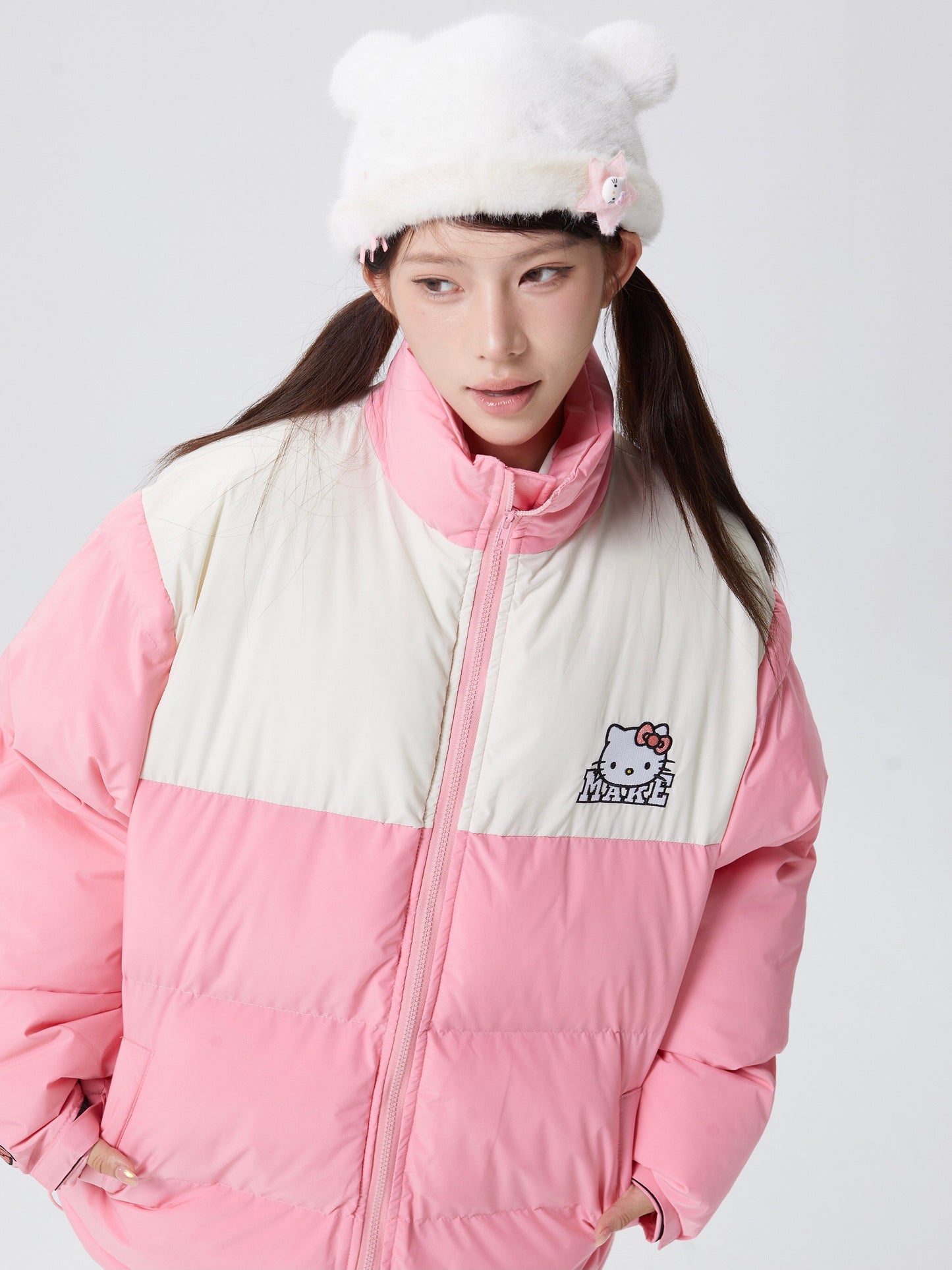 Hellokitty Winter Long Sleeve Zip Puffer Jacket Pockets Baggy Short Down Coats