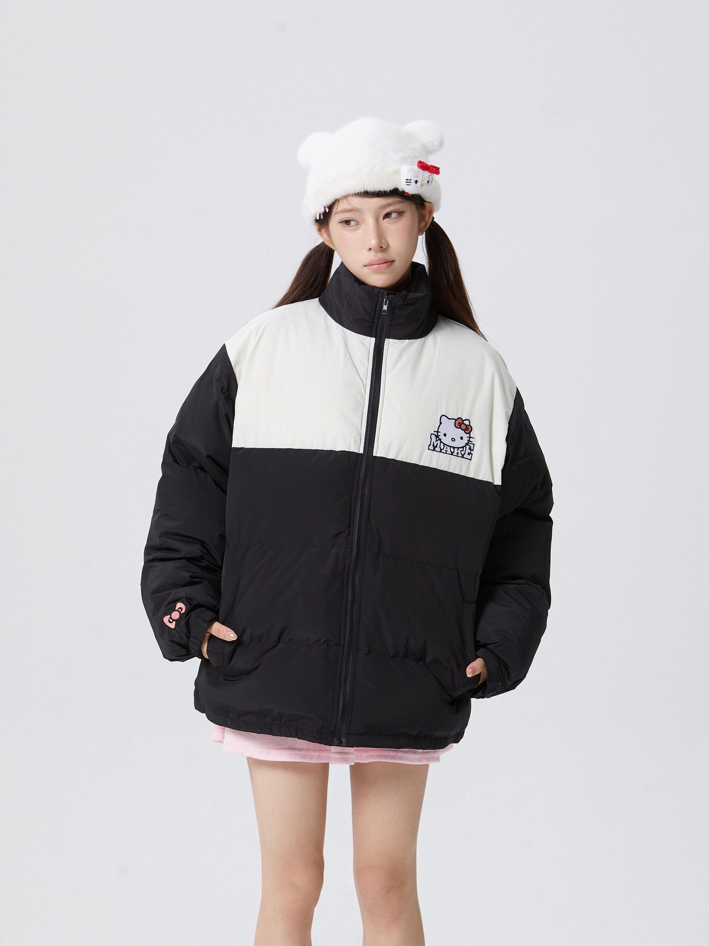 Hellokitty Winter Long Sleeve Zip Puffer Jacket Pockets Baggy Short Down Coats