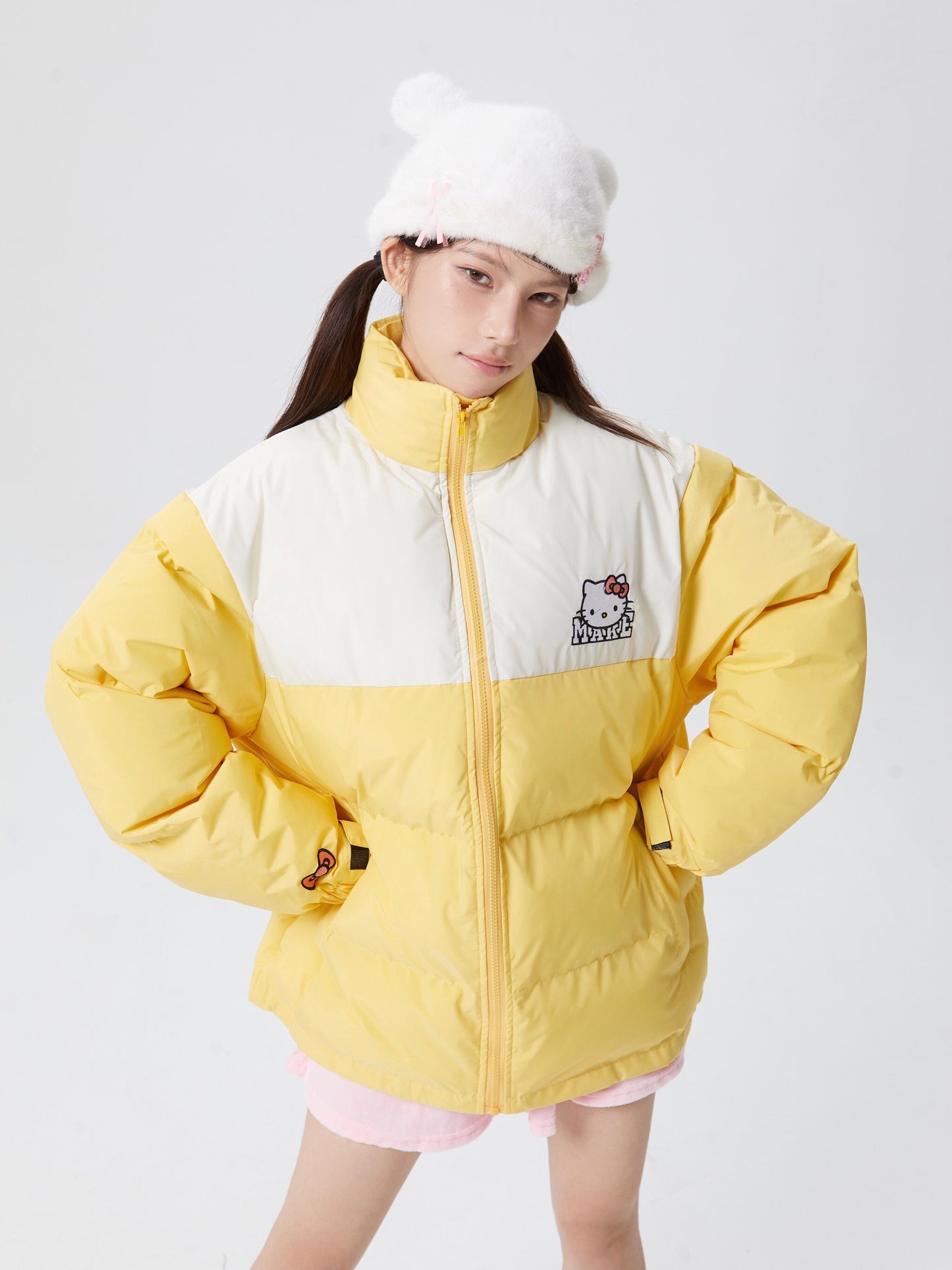 Hellokitty Winter Long Sleeve Zip Puffer Jacket Pockets Baggy Short Down Coats