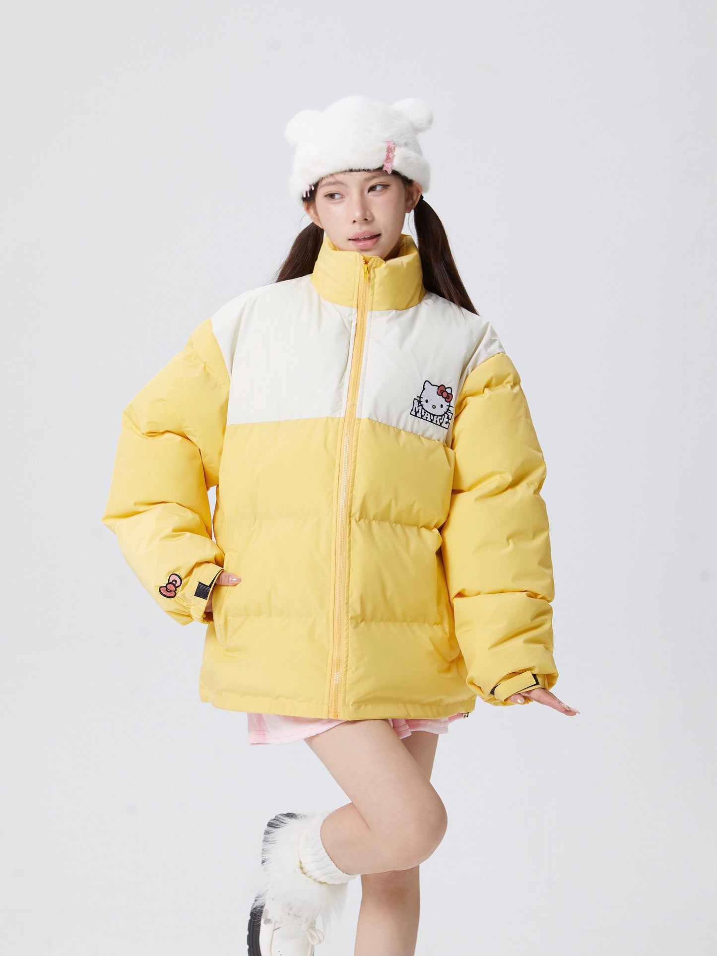 Hellokitty Winter Long Sleeve Zip Puffer Jacket Pockets Baggy Short Down Coats