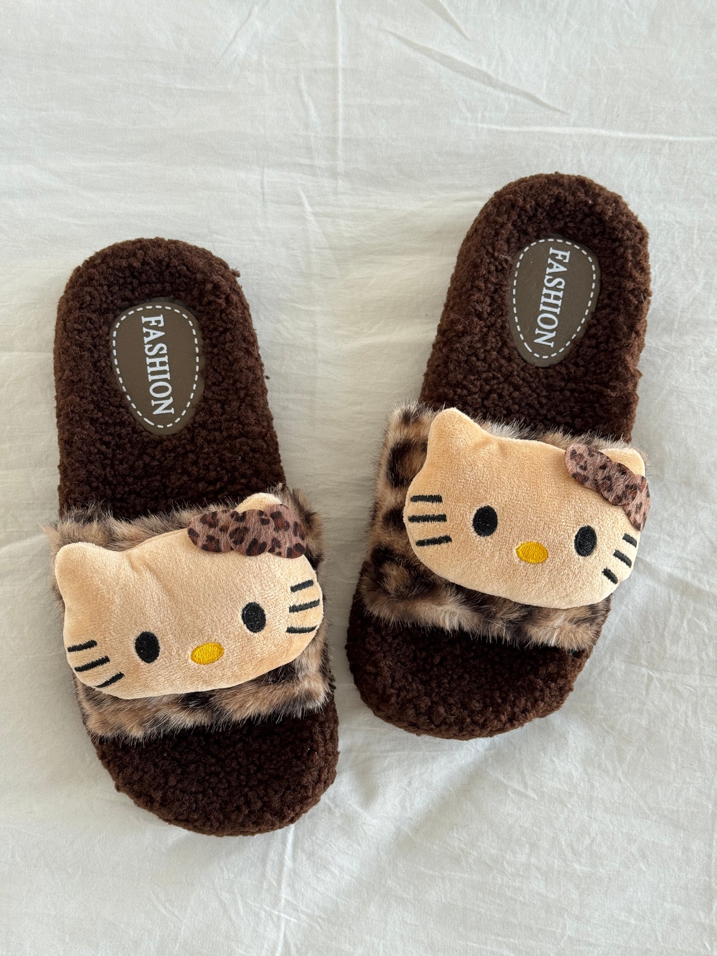 Hellokitty Leopard Print Cute Plush High-Heeled Fluffy Slippers Slides