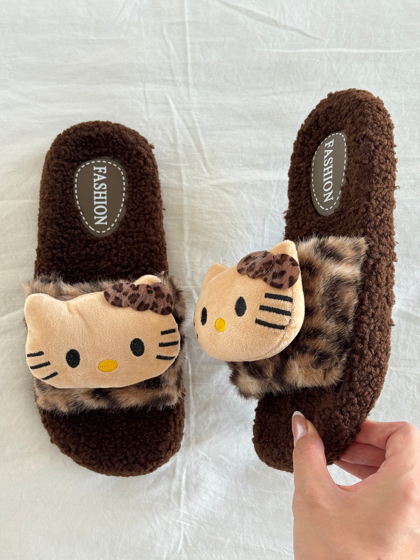 Hellokitty Leopard Print Cute Plush High-Heeled Fluffy Slippers Slides