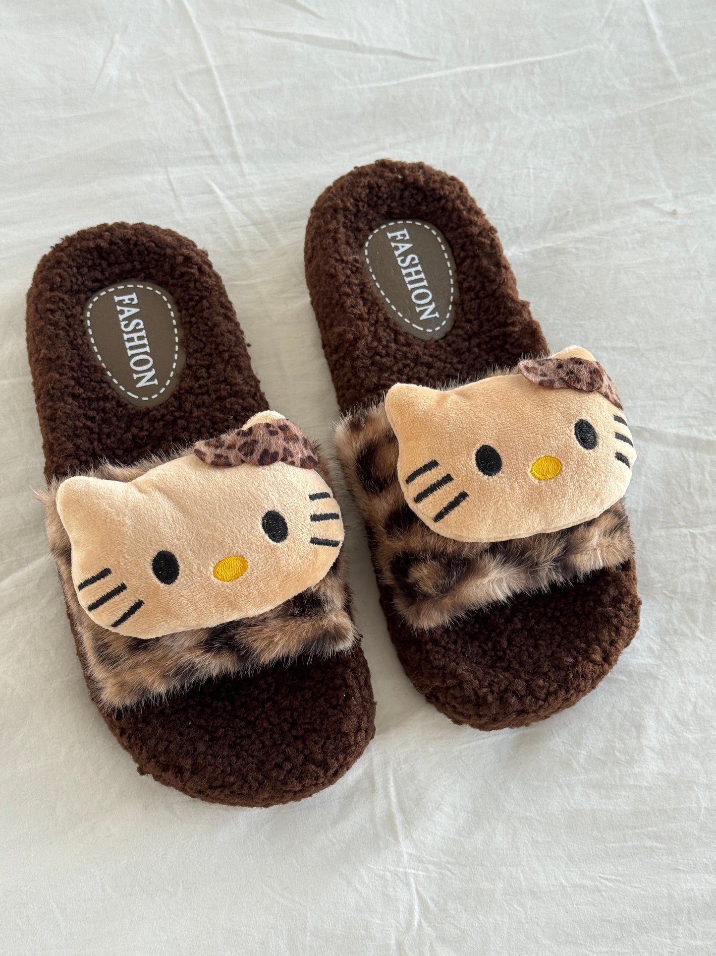 Hellokitty Leopard Print Cute Plush High-Heeled Fluffy Slippers Slides