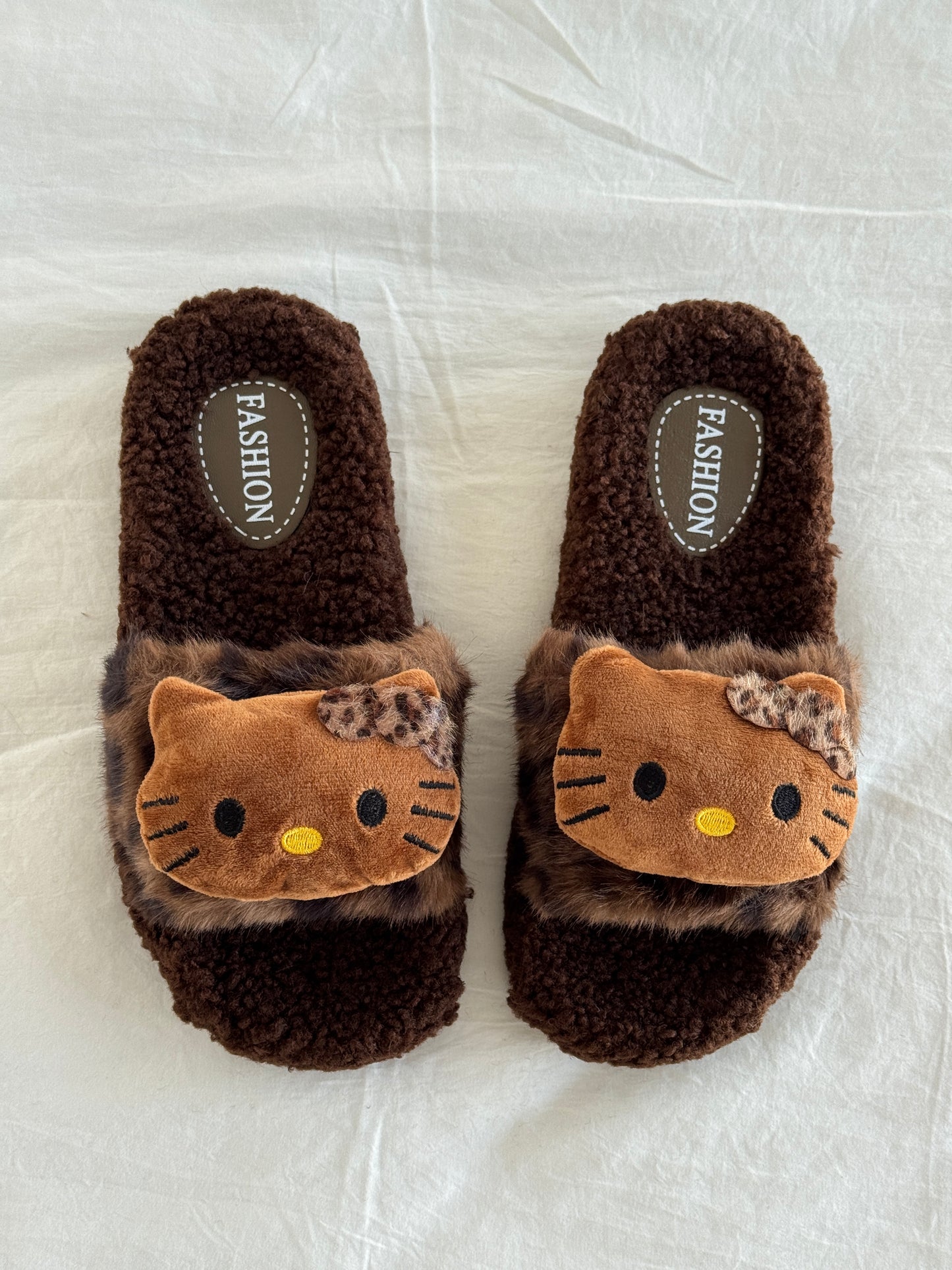 Hellokitty Leopard Print Cute Plush High-Heeled Fluffy Slippers Slides