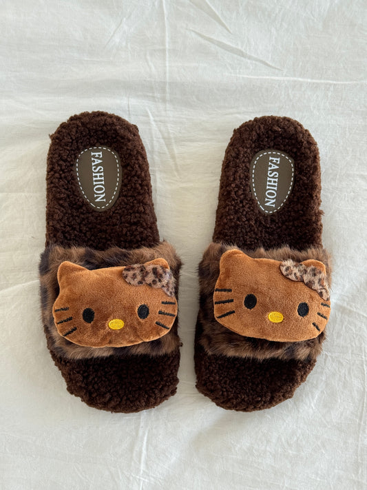 Hellokitty Leopard Print Cute Plush High-Heeled Fluffy Slippers Slides