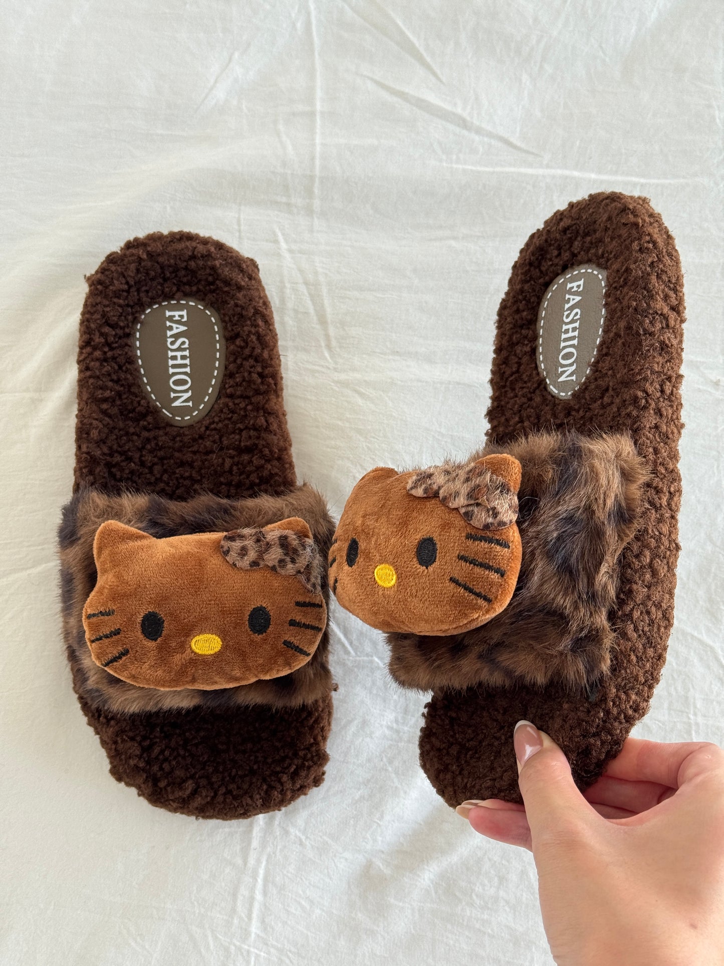 Hellokitty Leopard Print Cute Plush High-Heeled Fluffy Slippers Slides