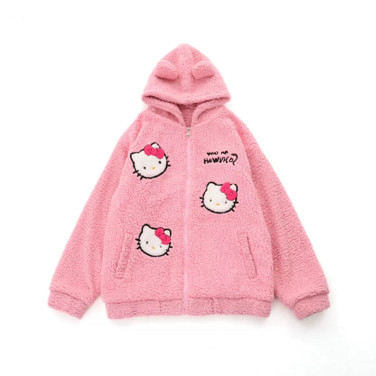 Hellokitty Teddy Jackets Fall Fashion Womens Teddy Coats Fleece Button Down Hooded Tops Warm Winter Outerwear with Pockets