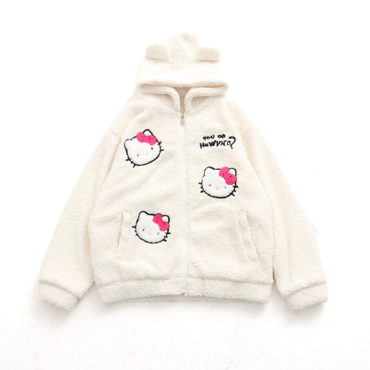 Hellokitty Teddy Jackets Fall Fashion Womens Teddy Coats Fleece Button Down Hooded Tops Warm Winter Outerwear with Pockets