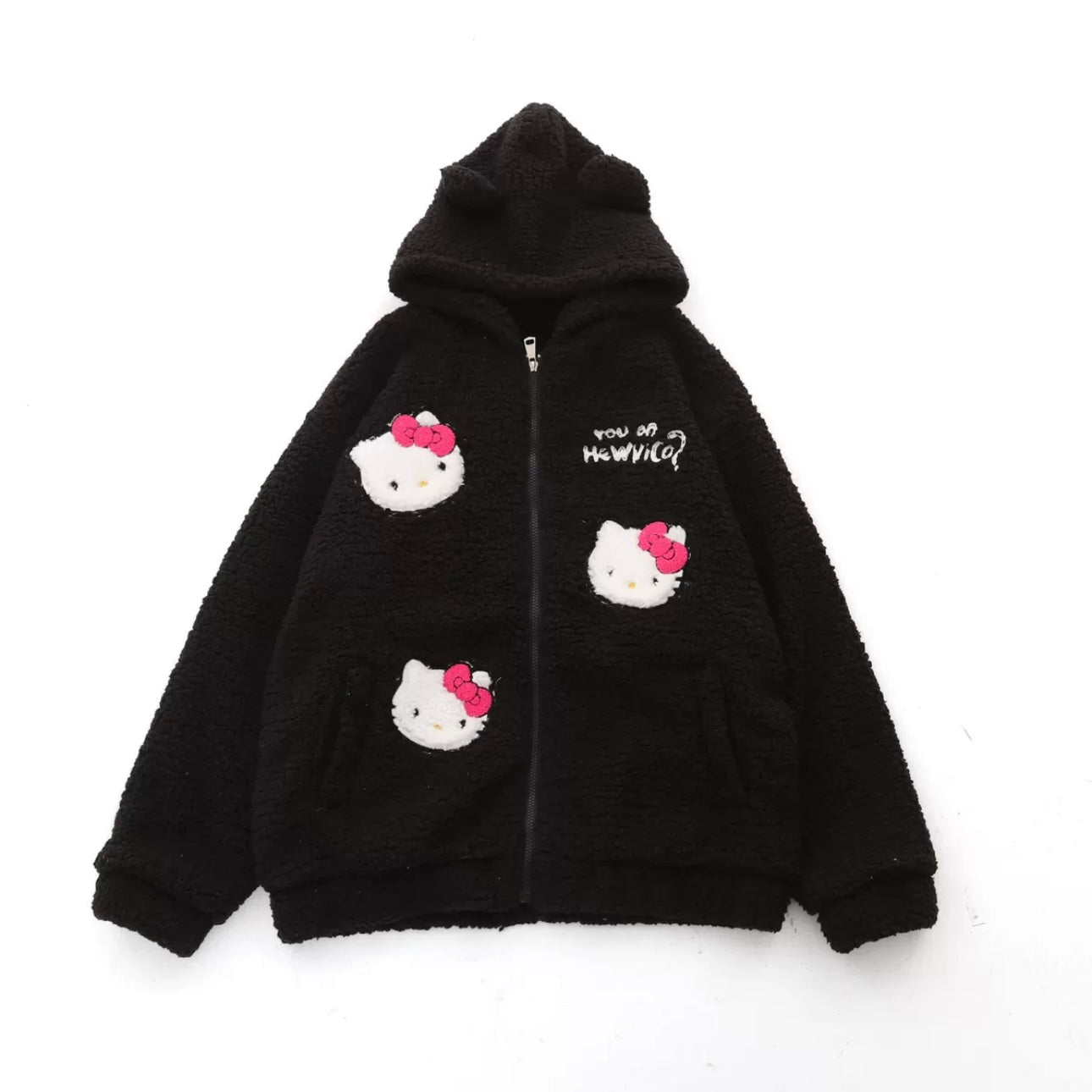 Hellokitty Teddy Jackets Fall Fashion Womens Teddy Coats Fleece Button Down Hooded Tops Warm Winter Outerwear with Pockets