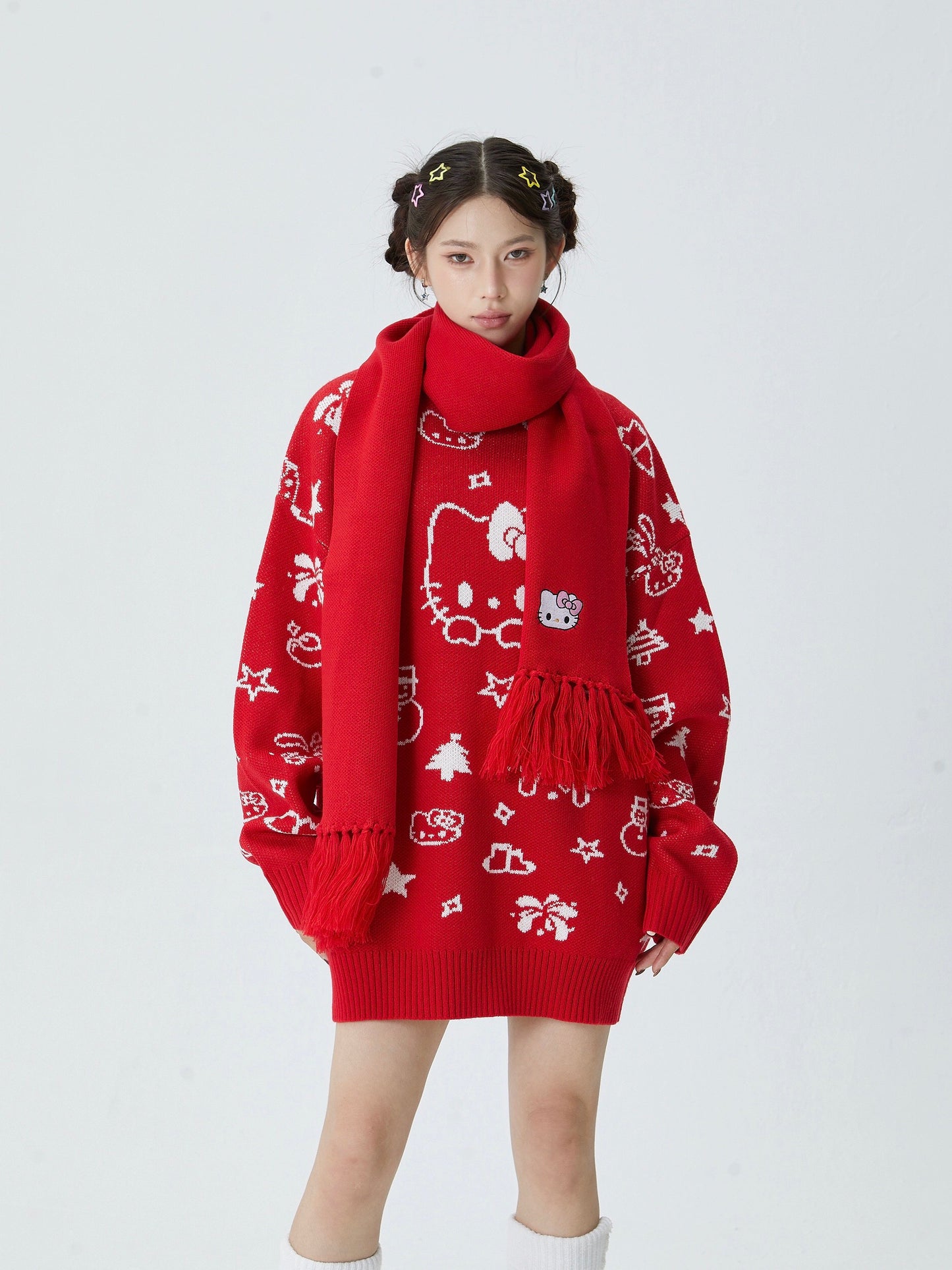 Hellokitty Long Sleeve Crew Neck Comfy Loose Oversized Knitted Pullover Sweater(Scarf Freebie)