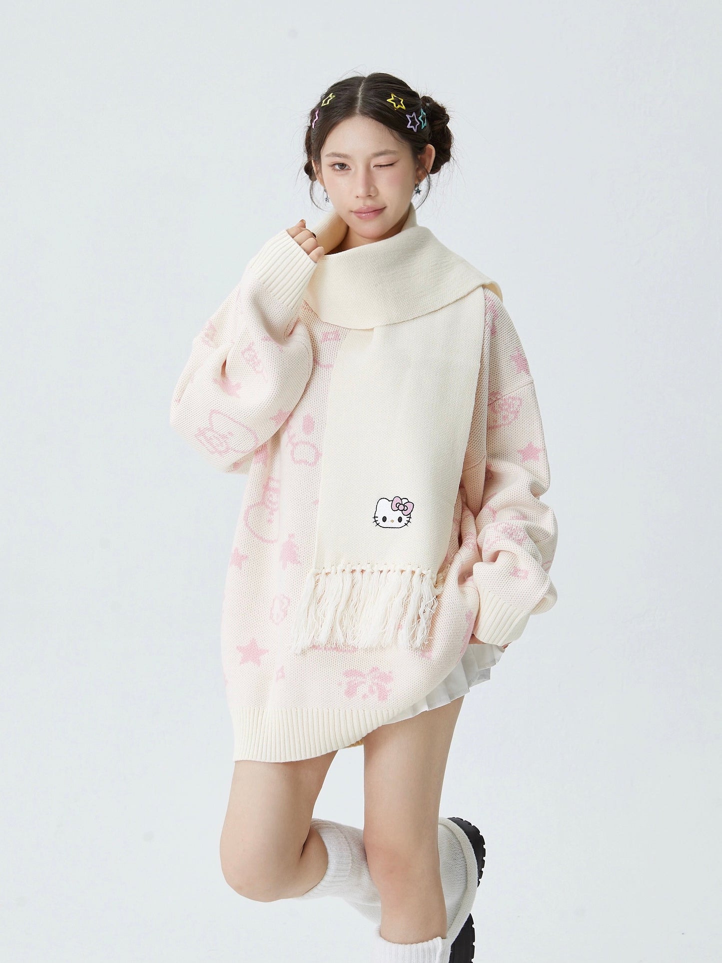 Hellokitty Long Sleeve Crew Neck Comfy Loose Oversized Knitted Pullover Sweater(Scarf Freebie)