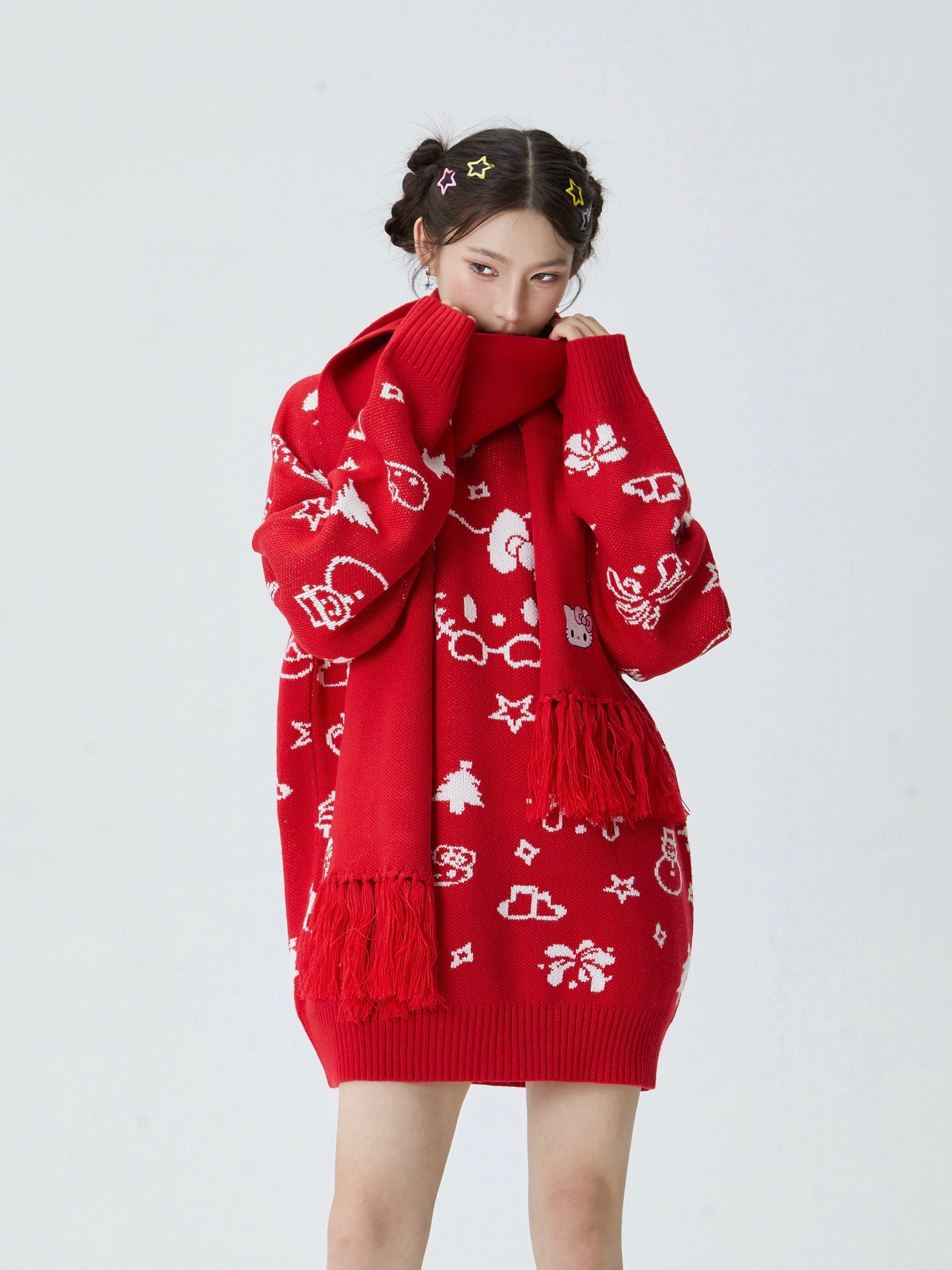 Hellokitty Long Sleeve Crew Neck Comfy Loose Oversized Knitted Pullover Sweater(Scarf Freebie)