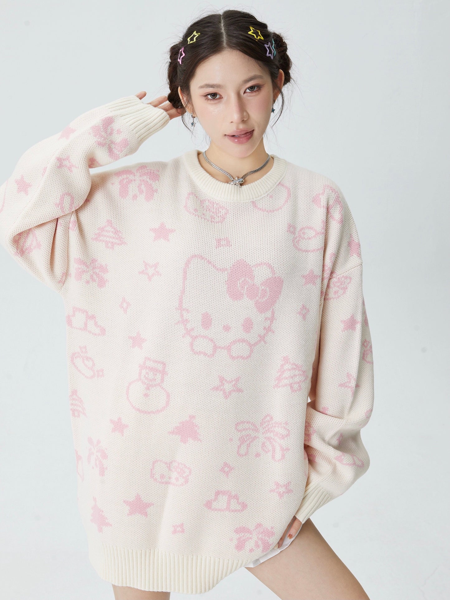 Hellokitty Long Sleeve Crew Neck Comfy Loose Oversized Knitted Pullover Sweater(Scarf Freebie)