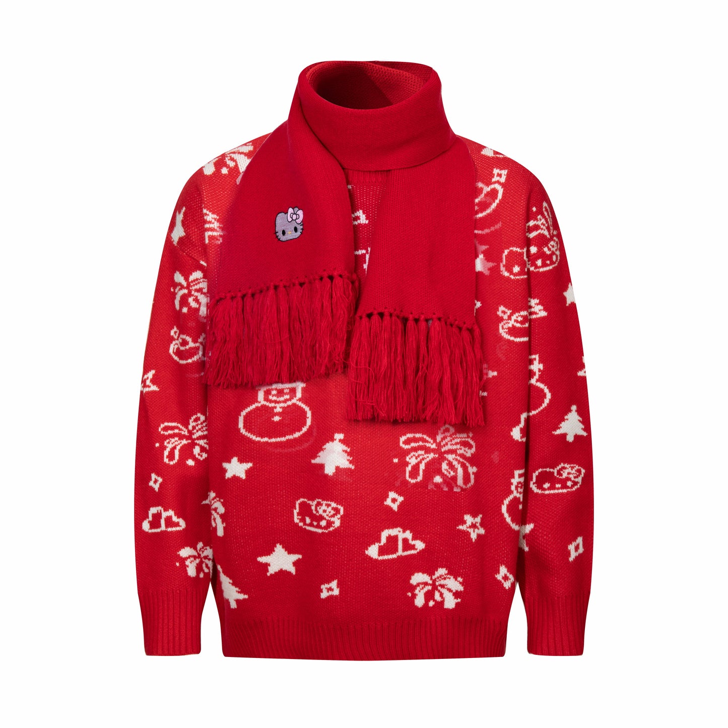 Hellokitty Long Sleeve Crew Neck Comfy Loose Oversized Knitted Pullover Sweater(Scarf Freebie)