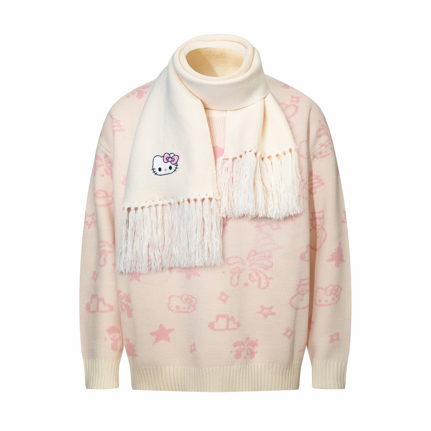 Hellokitty Long Sleeve Crew Neck Comfy Loose Oversized Knitted Pullover Sweater(Scarf Freebie)
