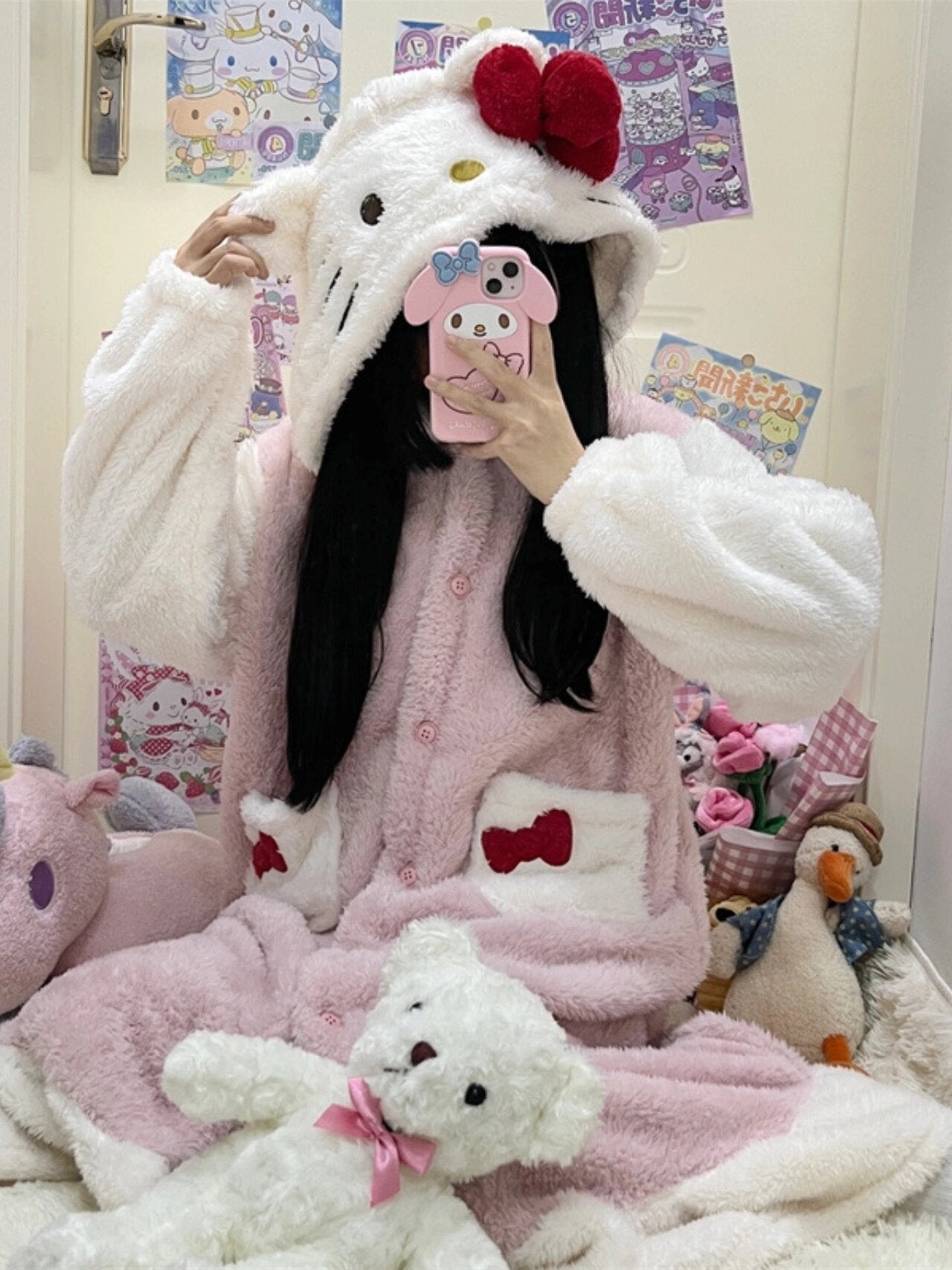 Hellokitty Womens Hooded Fleece Robe, Soft Plush Bathrobe for Womens, Fluffy Cute Long House Coat