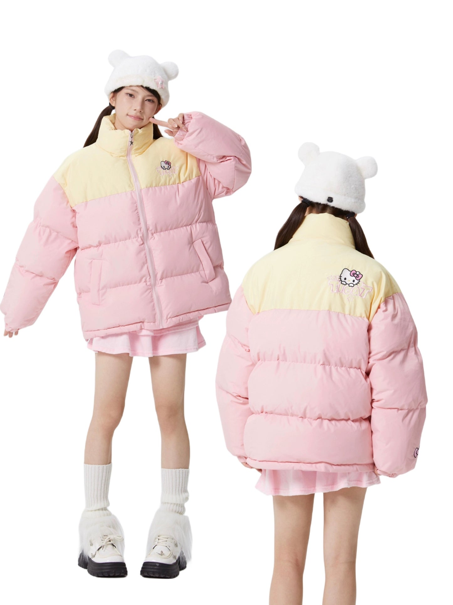 Hellokitty Winter Long Sleeve Zip Colorblocked Puffer Jacket Pockets Baggy Short Down Coats