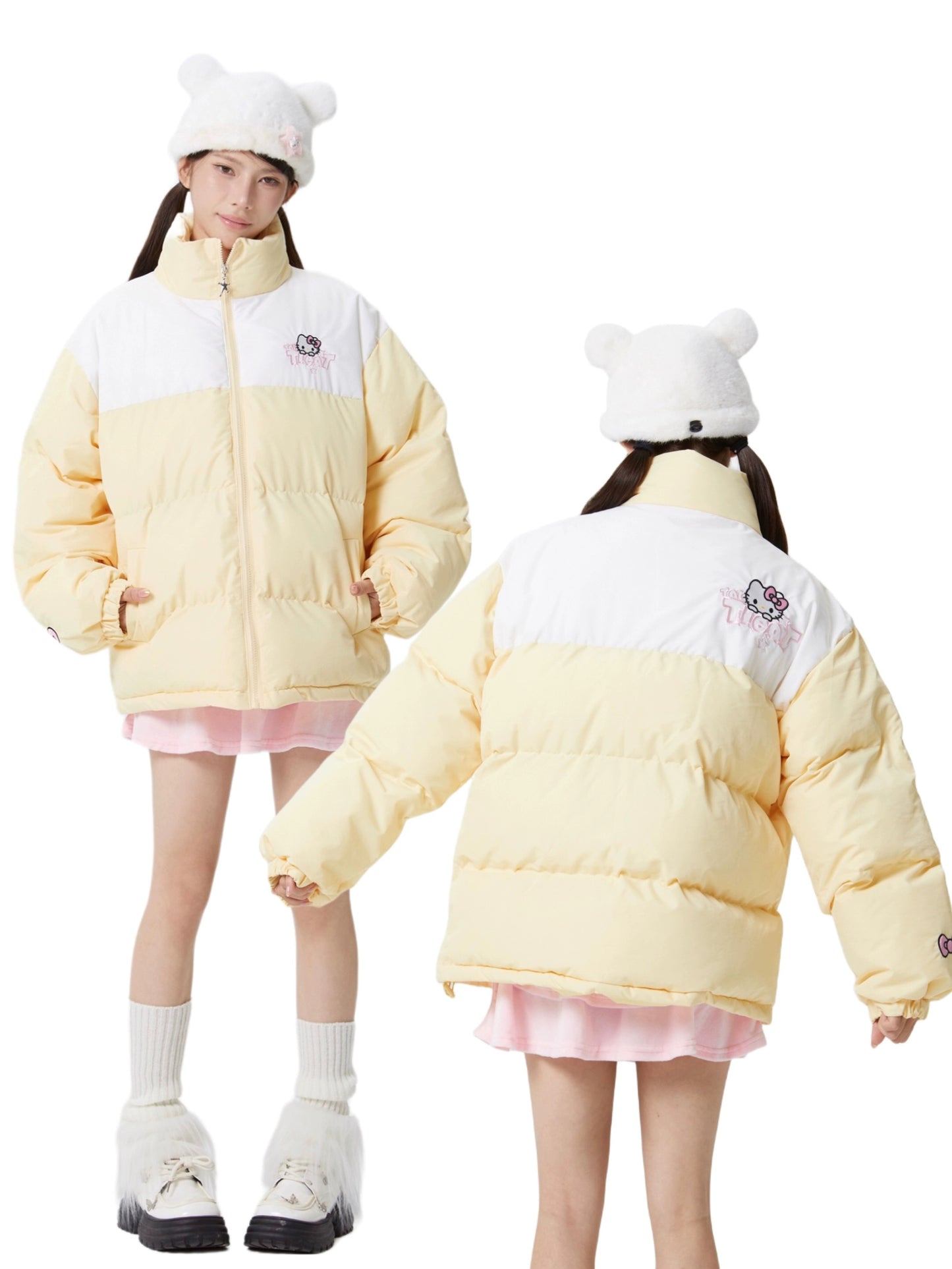 Hellokitty Winter Long Sleeve Zip Colorblocked Puffer Jacket Pockets Baggy Short Down Coats