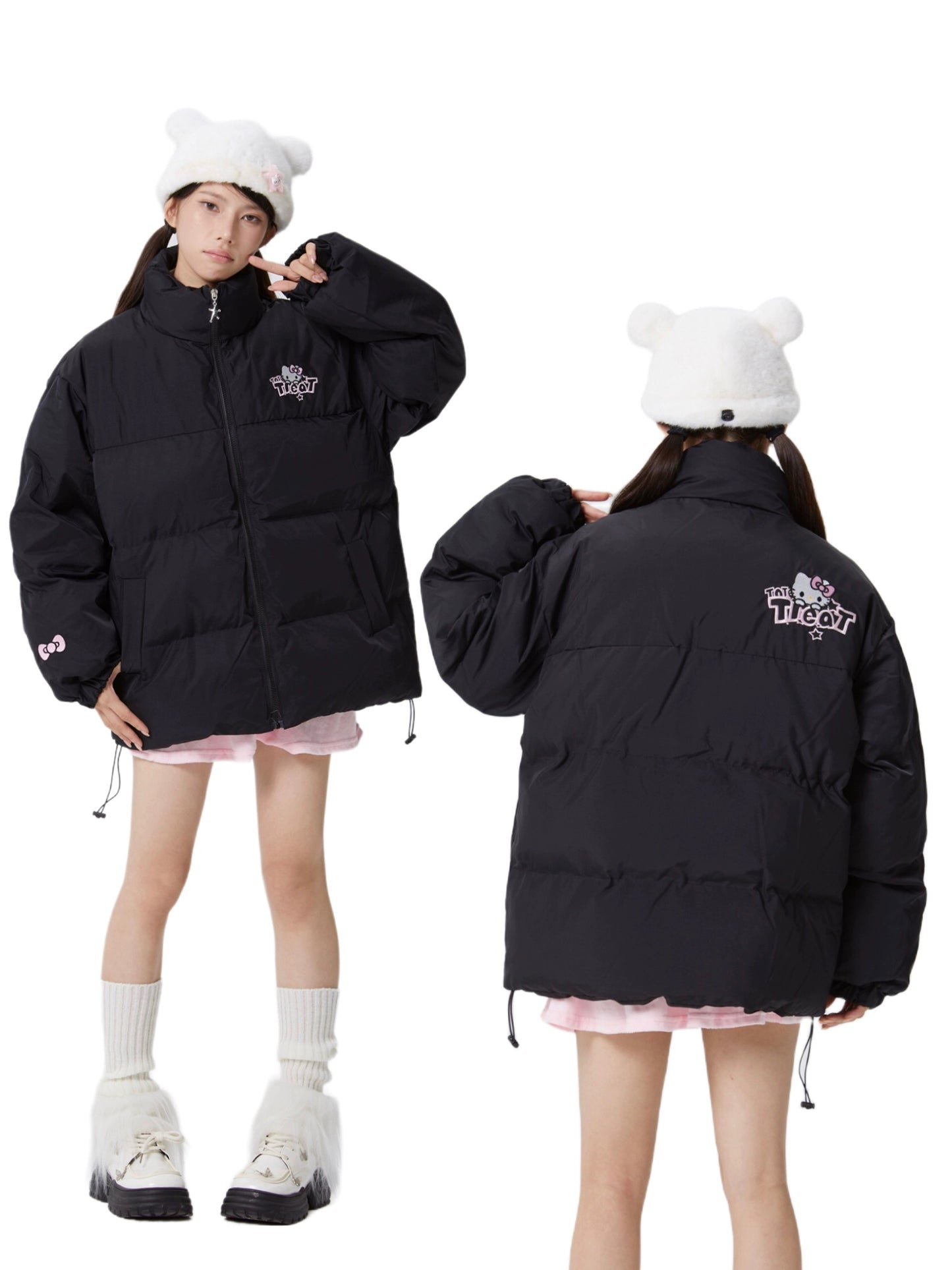 Hellokitty Winter Long Sleeve Zip Colorblocked Puffer Jacket Pockets Baggy Short Down Coats