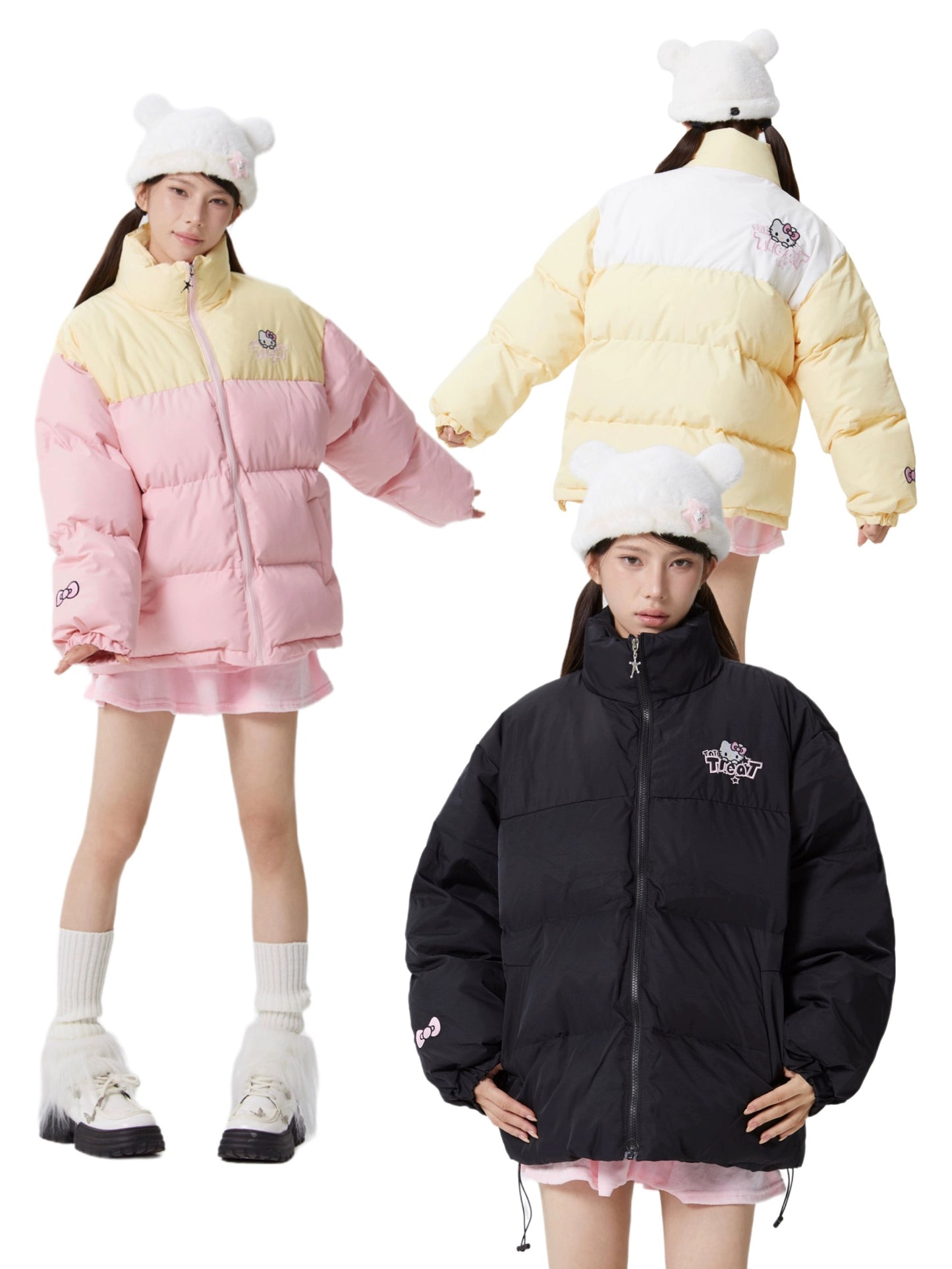 Hellokitty Winter Long Sleeve Zip Colorblocked Puffer Jacket Pockets Baggy Short Down Coats