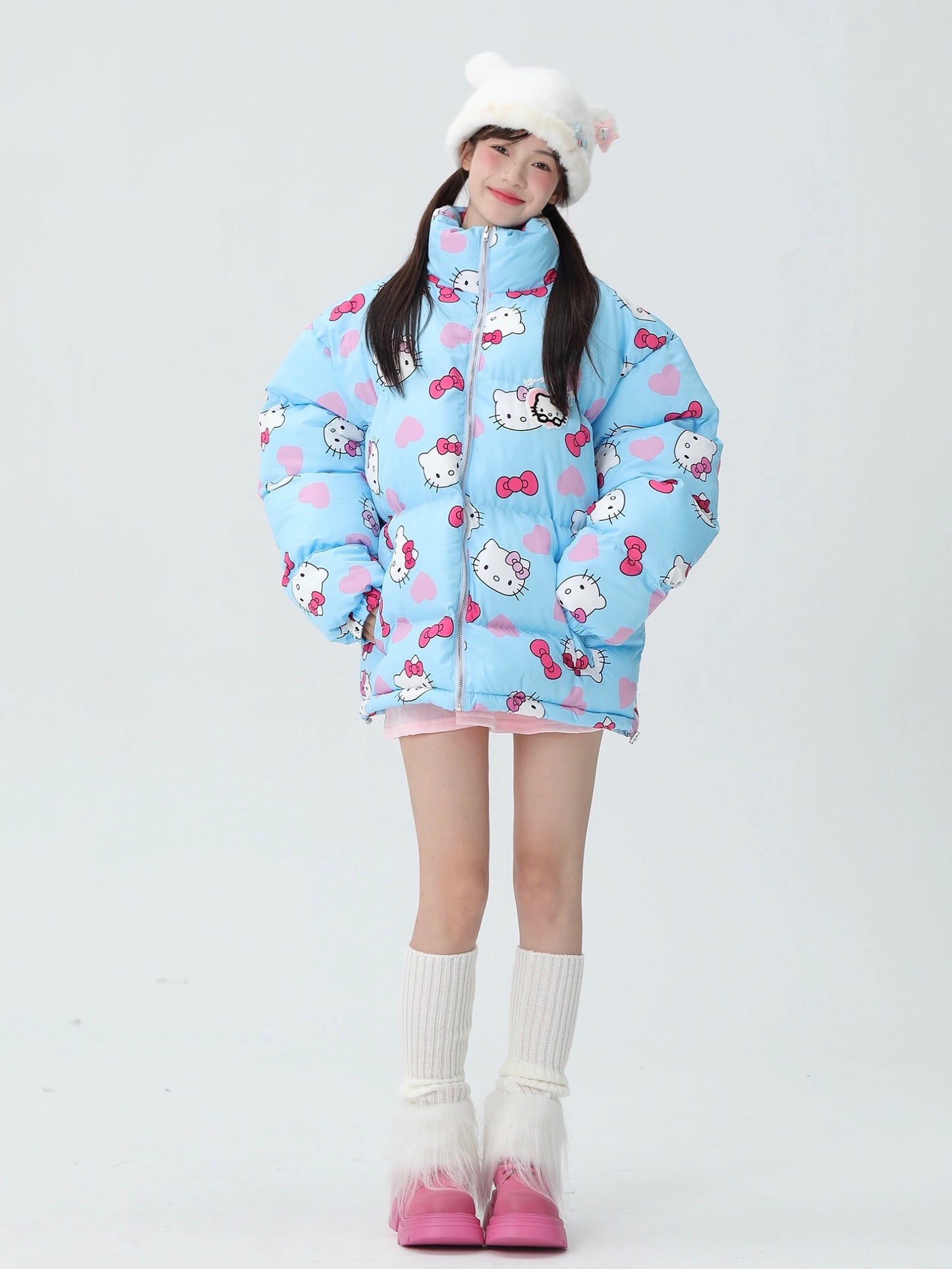 Hellokitty Cute Winter Long Sleeve Zip Puffer Jacket Pockets Baggy Short Down Coat