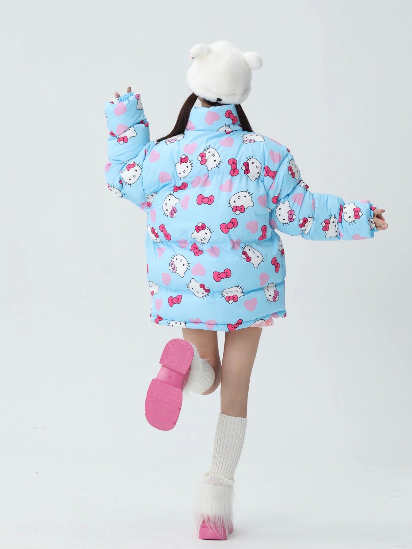 Hellokitty Cute Winter Long Sleeve Zip Puffer Jacket Pockets Baggy Short Down Coat
