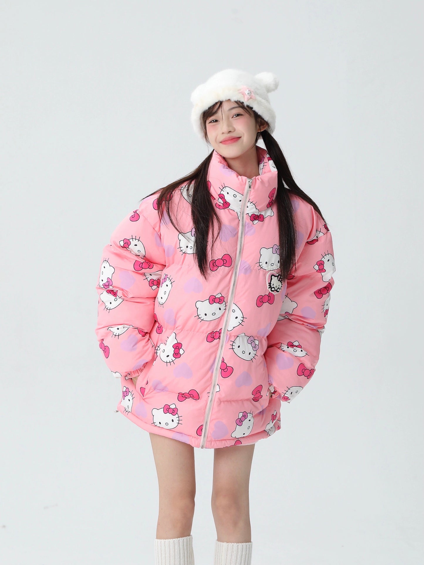 Hellokitty Cute Winter Long Sleeve Zip Puffer Jacket Pockets Baggy Short Down Coat