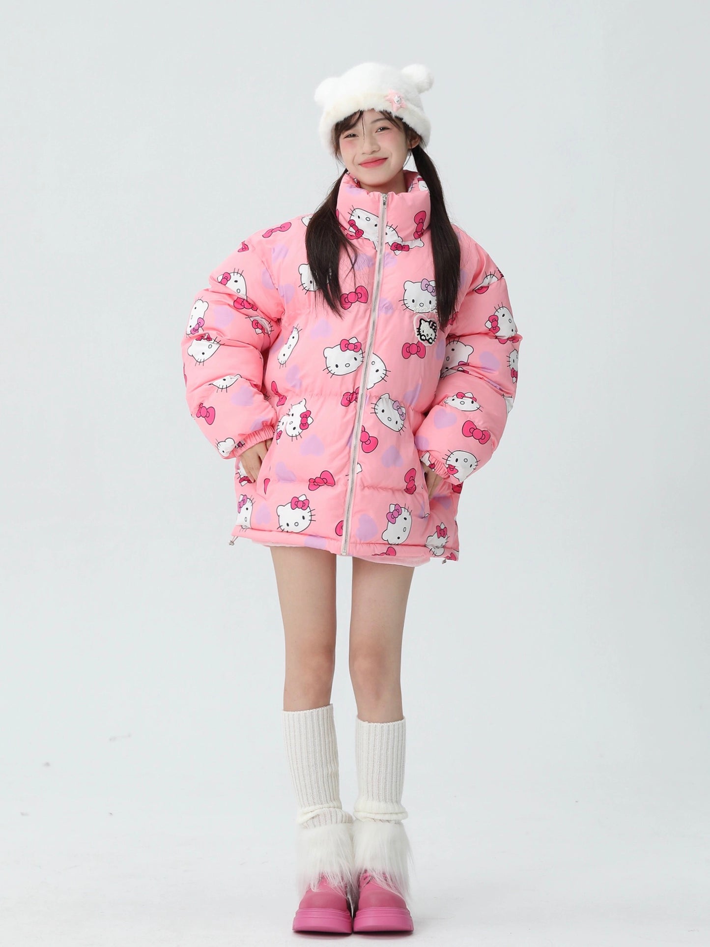 Hellokitty Cute Winter Long Sleeve Zip Puffer Jacket Pockets Baggy Short Down Coat