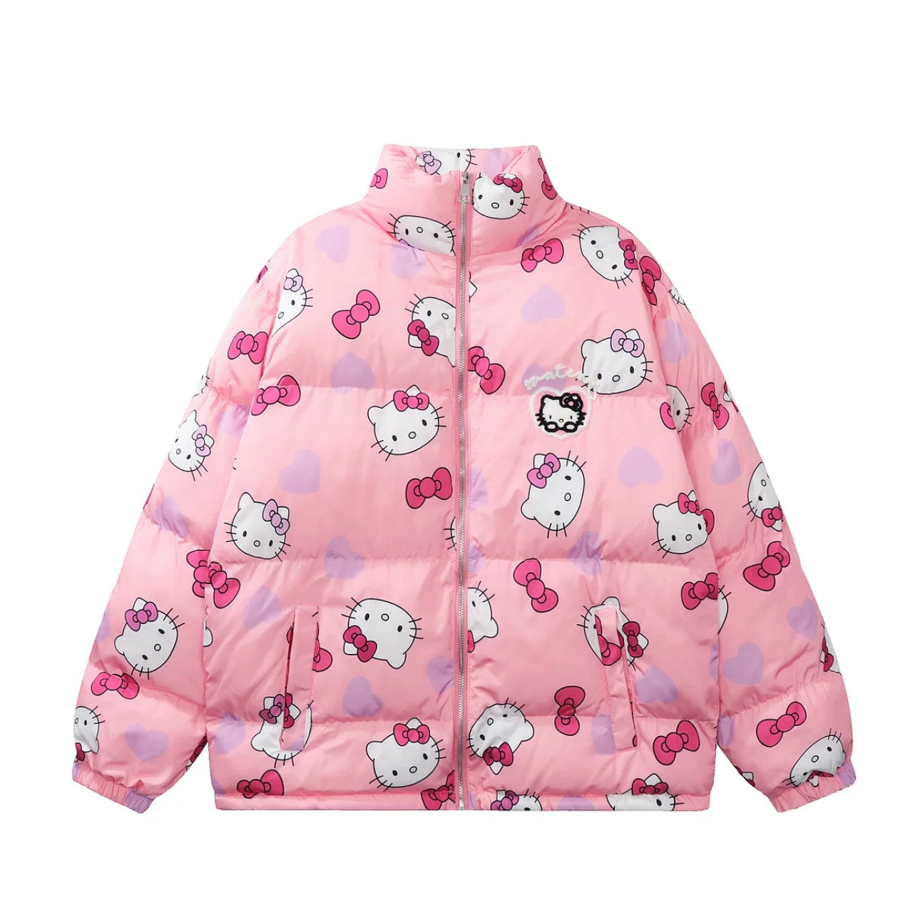 Hellokitty Cute Winter Long Sleeve Zip Puffer Jacket Pockets Baggy Short Down Coat