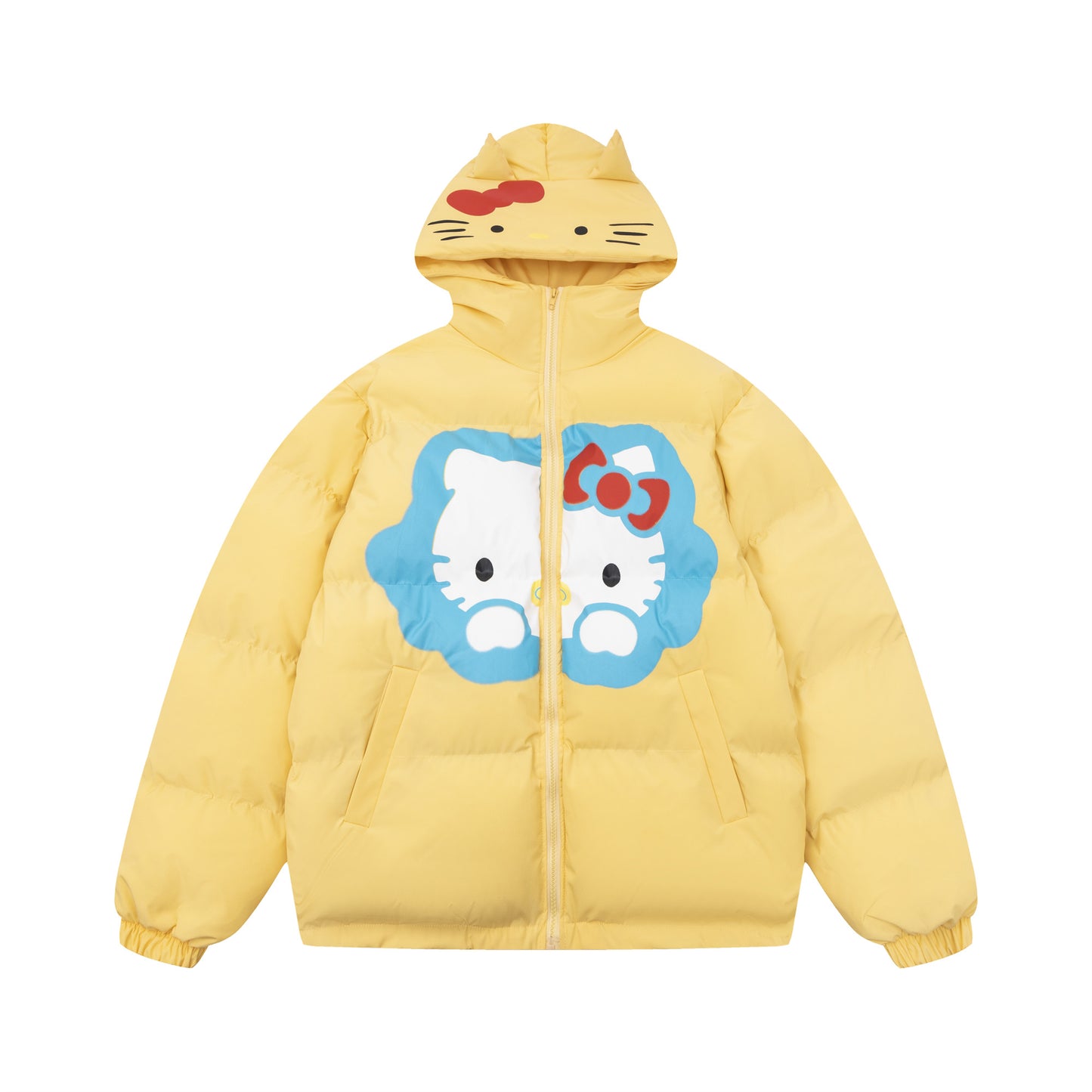 Hellokitty Winter Long Sleeve Zip Hooded Puffer Jacket Pockets Baggy Short Down Coat