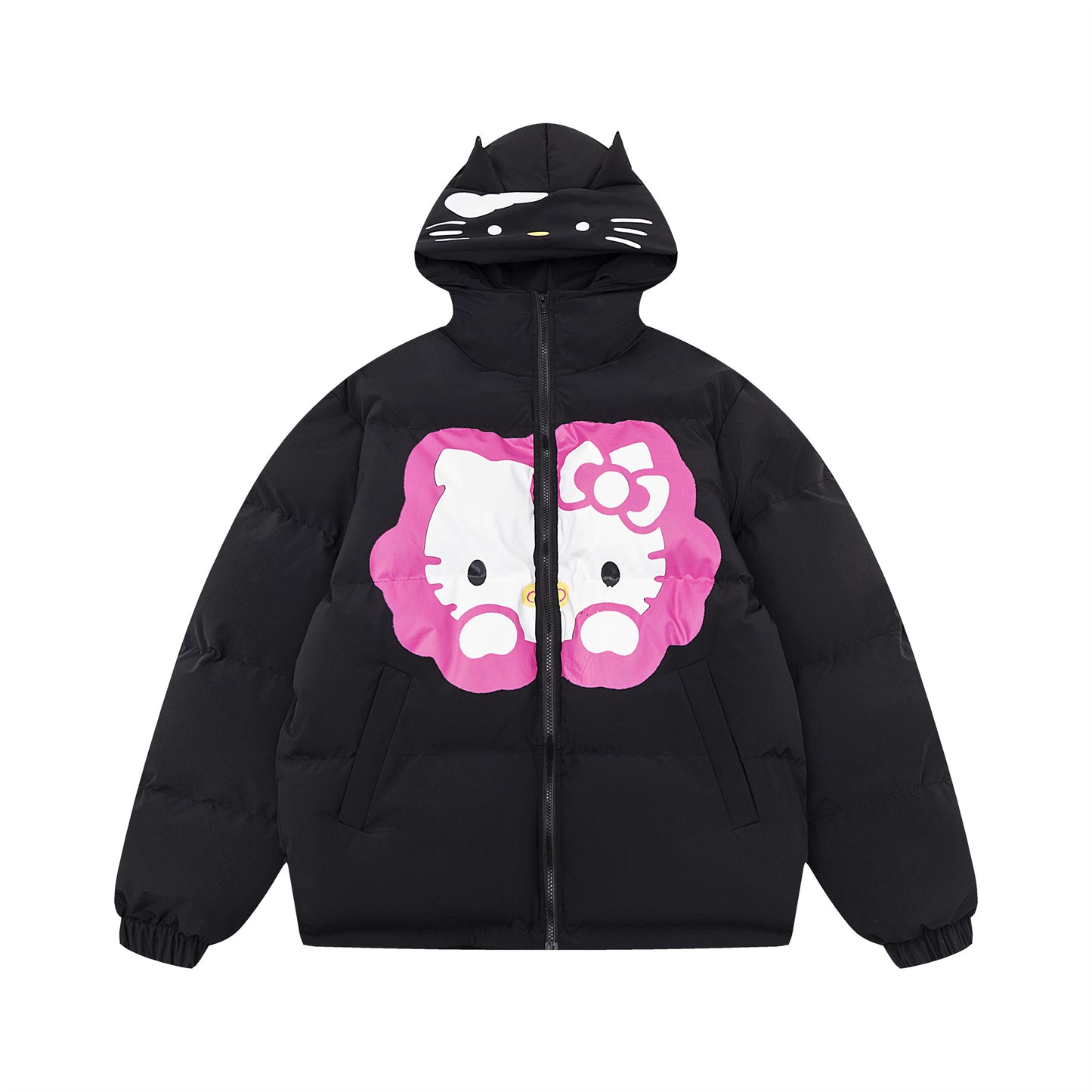 Hellokitty Winter Long Sleeve Zip Hooded Puffer Jacket Pockets Baggy Short Down Coat