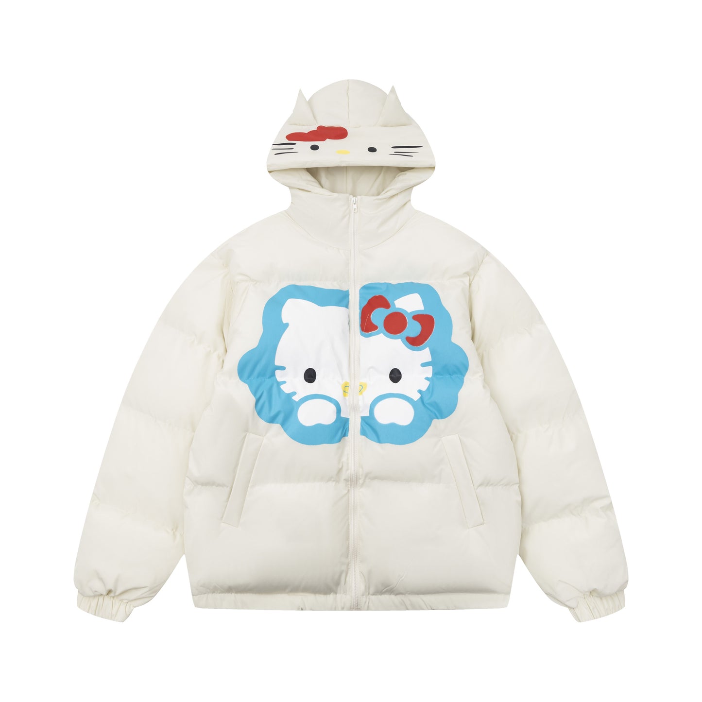 Hellokitty Winter Long Sleeve Zip Hooded Puffer Jacket Pockets Baggy Short Down Coat