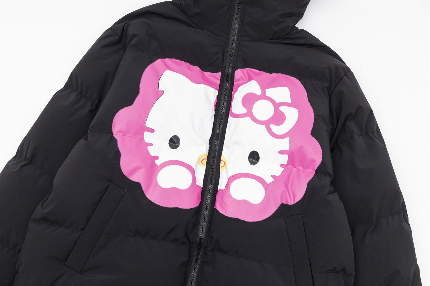 Hellokitty Winter Long Sleeve Zip Hooded Puffer Jacket Pockets Baggy Short Down Coat